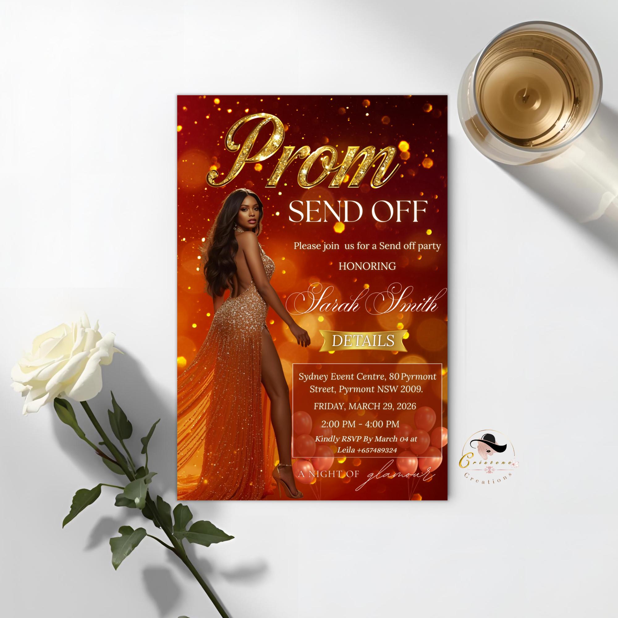 Orange Prom Send Off Party Invitation, Woman Senior Ball and Junior Prom Night with photo invite Elegant Hollywood Theme Template, PRM09