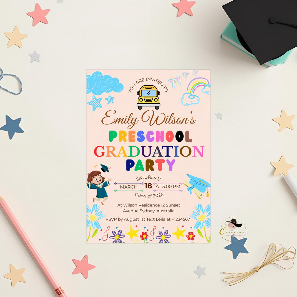 Preschool Graduation Announcement Invitation, Pre-K Graduates Class of 2026 Invite, Colorful Kindergarten Grad party Celebration Template