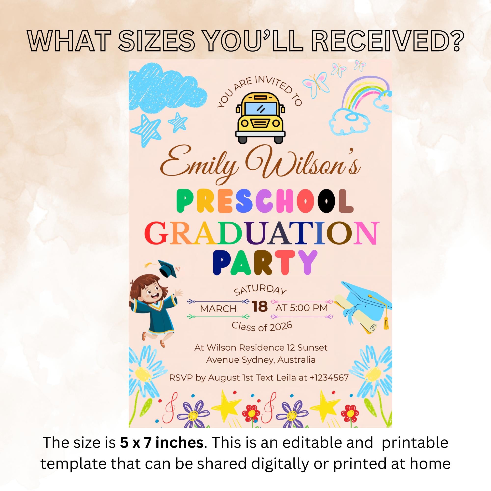 Preschool Graduation Announcement Invitation, Pre-K Graduates Class of 2026 Invite, Colorful Kindergarten Grad party Celebration Template