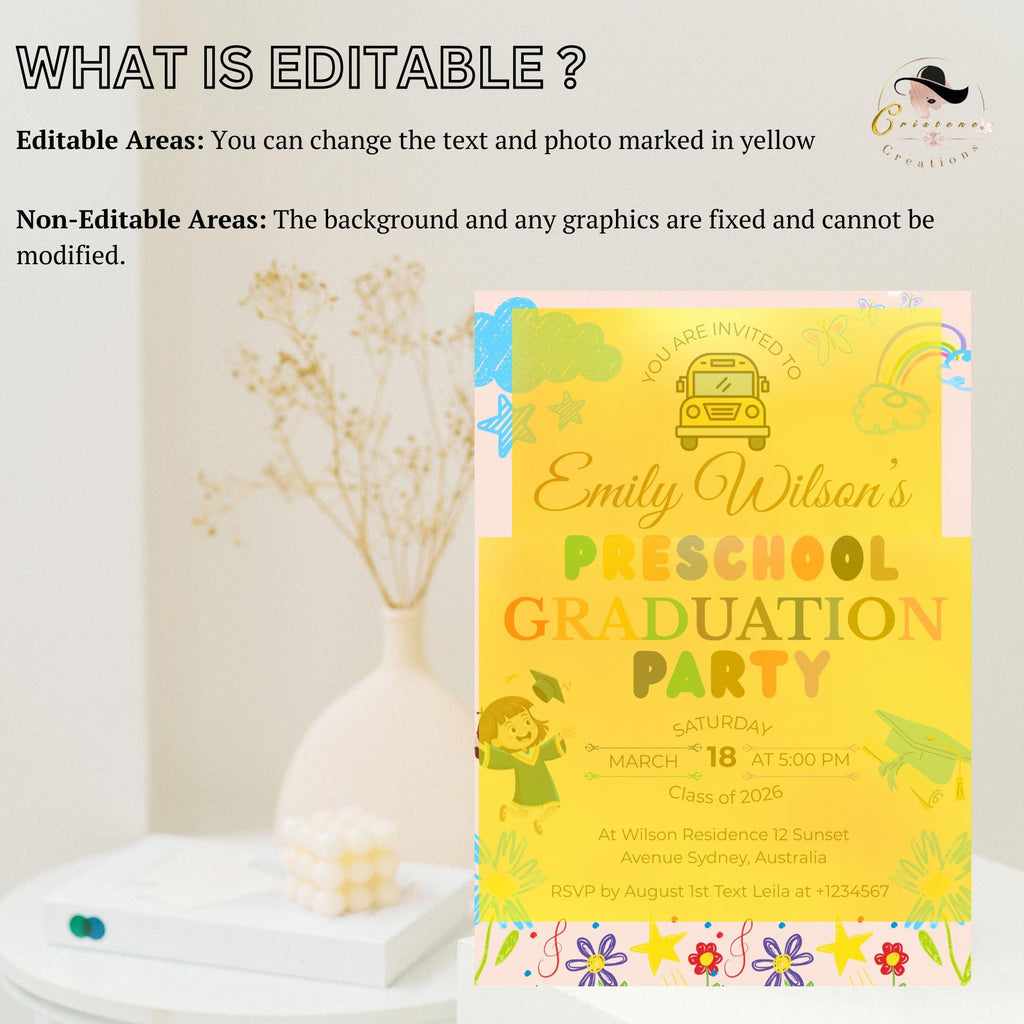 Preschool Graduation Announcement Invitation, Pre-K Graduates Class of 2026 Invite, Colorful Kindergarten Grad party Celebration Template