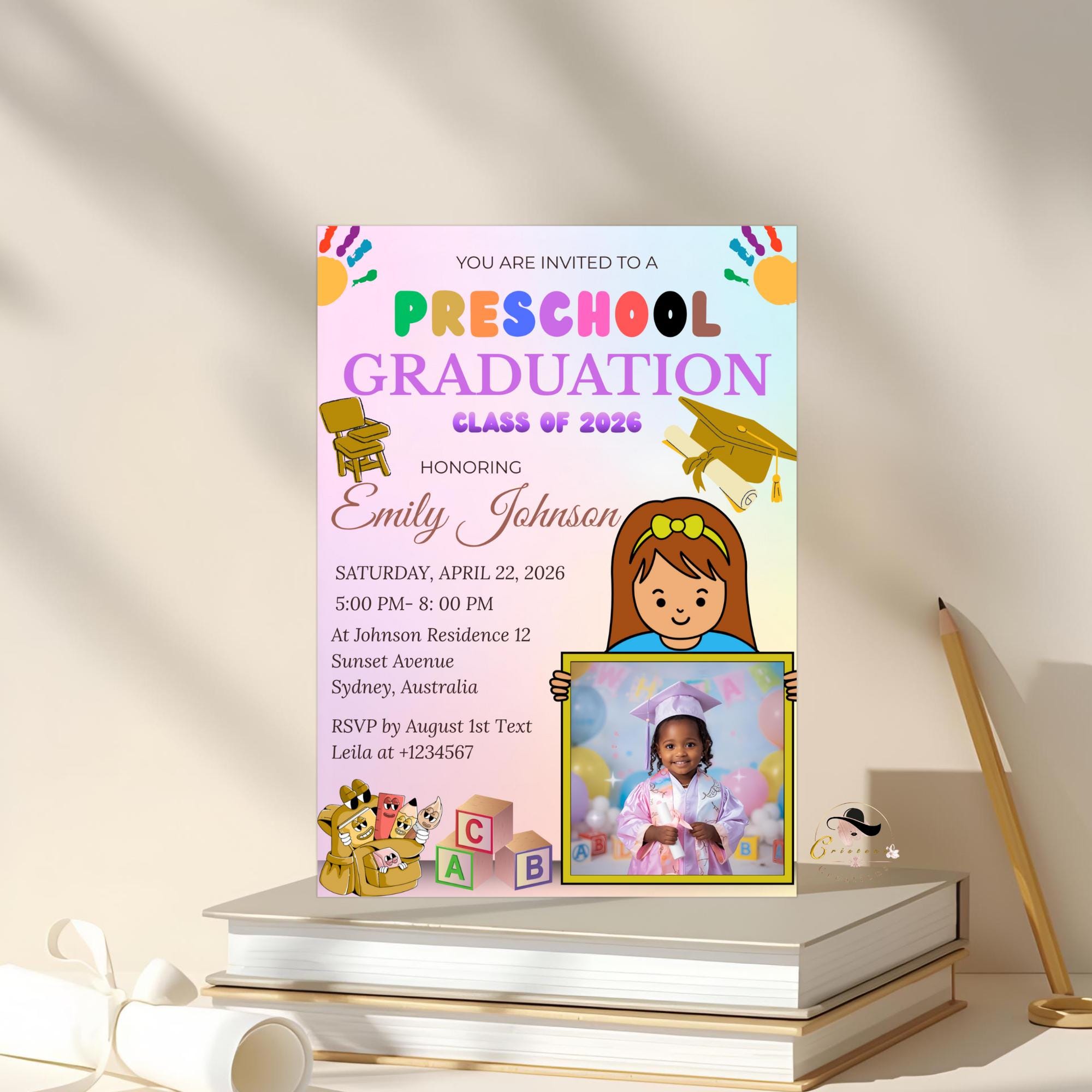 Preschool Graduation Announcement Invitation, Pre-K Graduates Class of 2026 with photo invite Colorful Kids Kindergarten Grad party Template