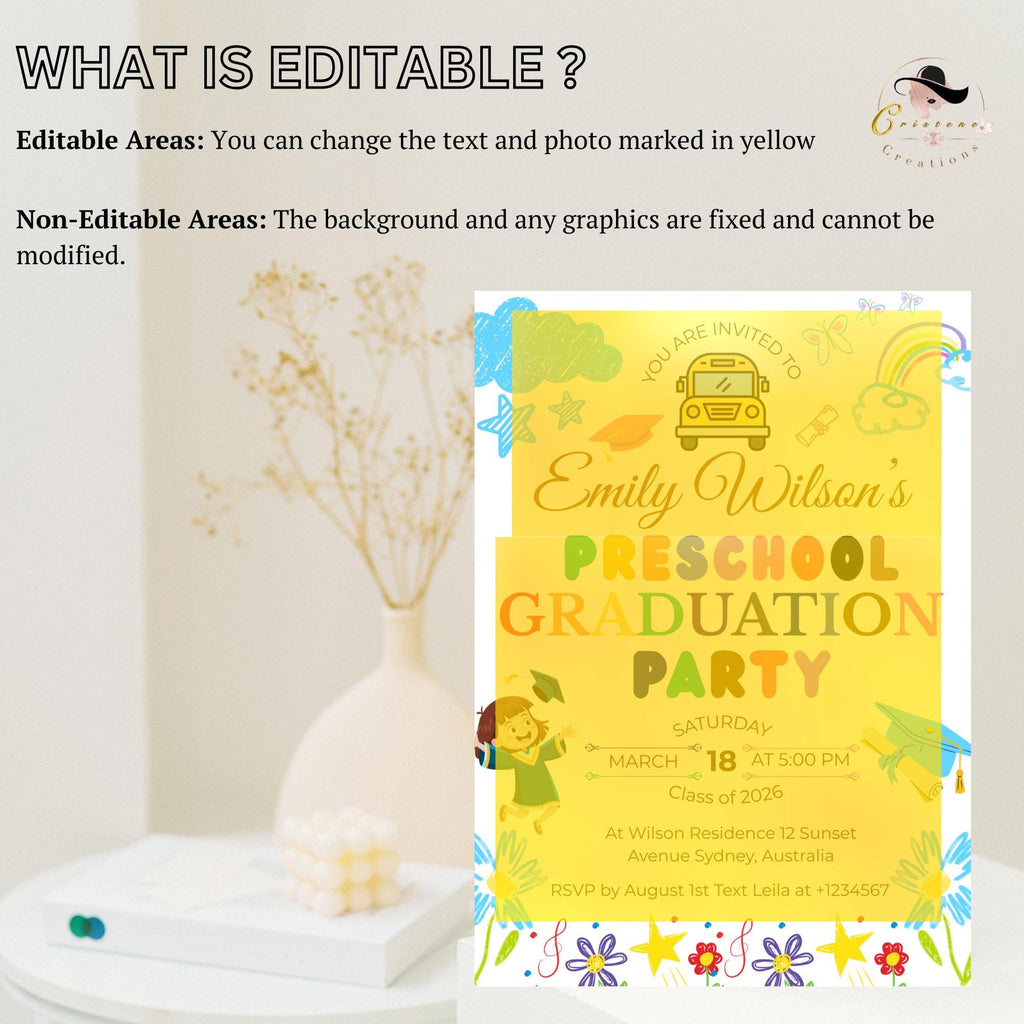 Preschool Graduation Announcement Invitation, Pre-K Graduates Class of 2026 Invite Colorful Kid Kindergarten Grad party Celebration Template
