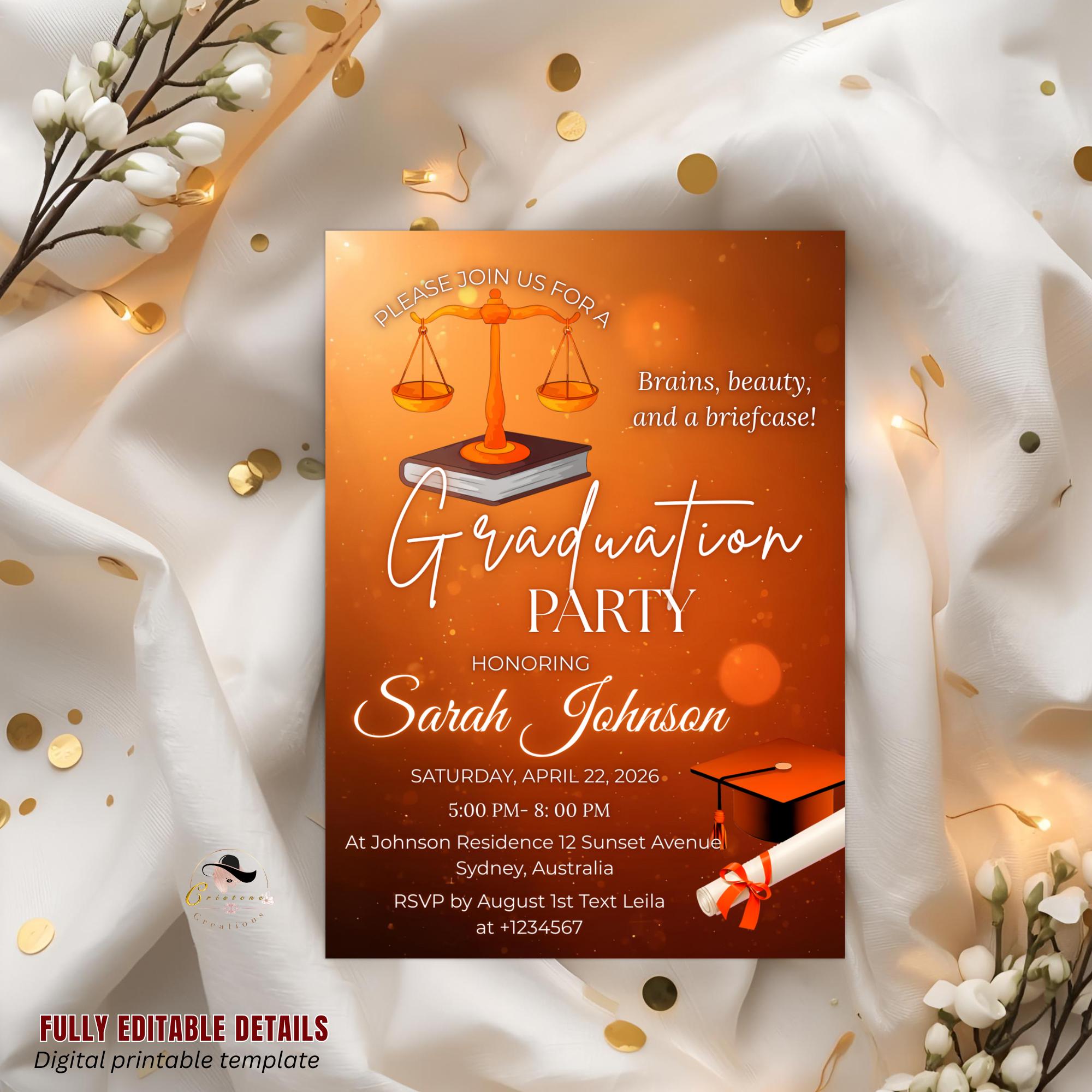 Editable Lawyer Graduation Announcement Invitation, Class 2026 Law School Ceremony invite, Legal Attorney Profession Graduate Flyer Template