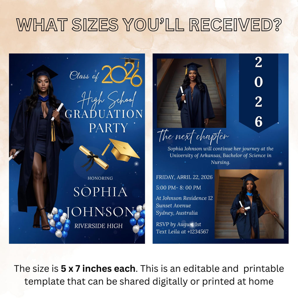 Senior Graduation Announcement Invitation, Blue 12th Grade Highschool Grad Party Invite with photo, 2026 Men and Woman Graduates Template