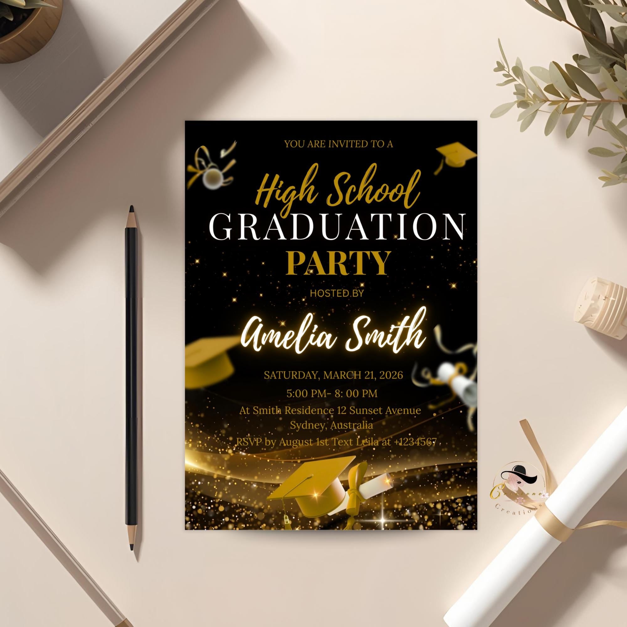 Senior Graduation Announcement Invitation, Black gold 12th Grade Highschool Grad Party Invite, Class of 2026 Men and Woman Graduate Template