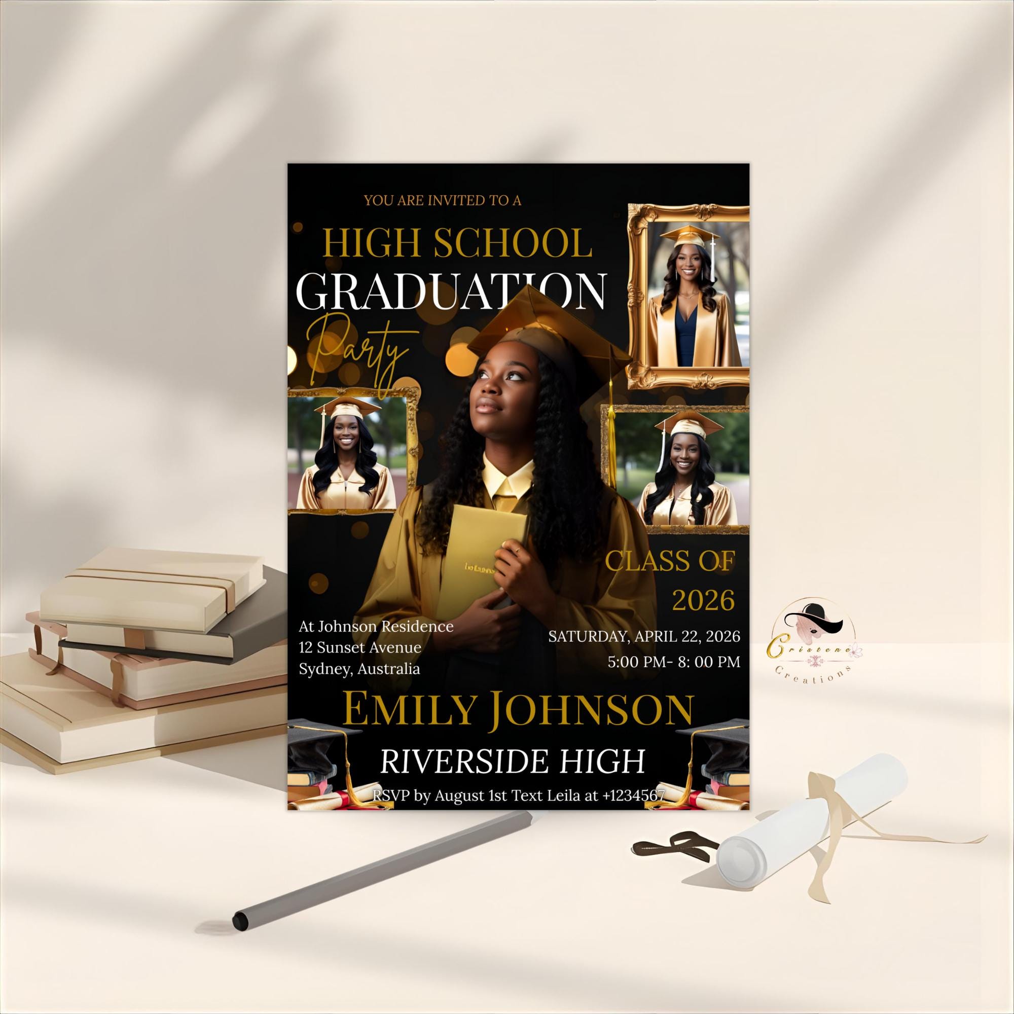 Senior Graduation Announcement Invitation Black gold 12th Grade Highschool Grad Party Invite with photo, Men and Woman Graduates Template