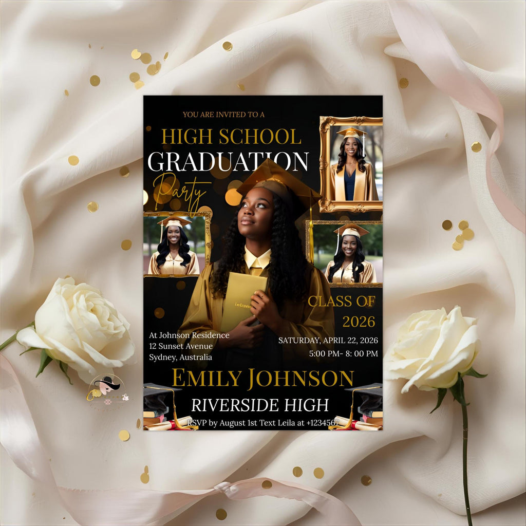 Senior Graduation Announcement Invitation Black gold 12th Grade Highschool Grad Party Invite with photo, Men and Woman Graduates Template