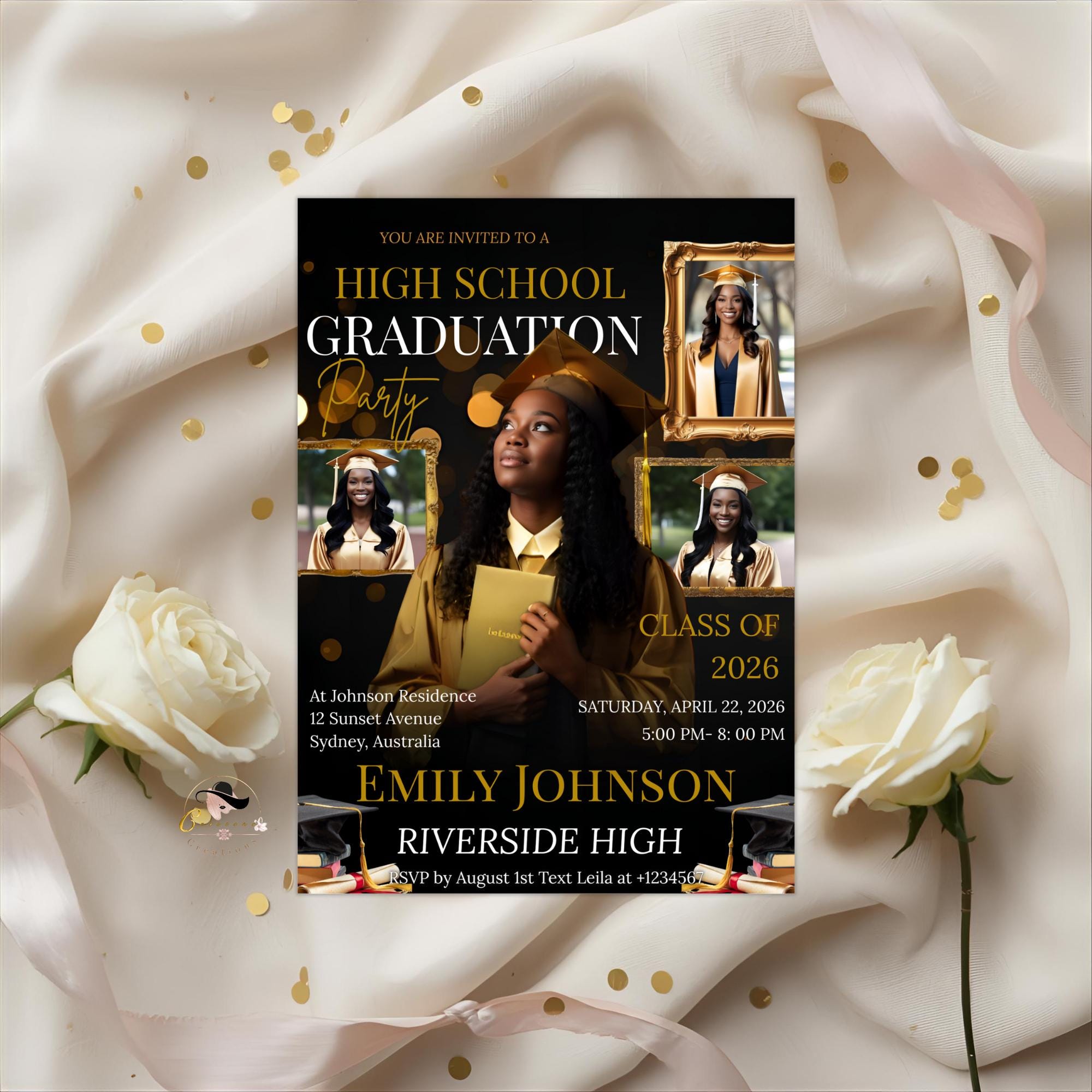 Senior Graduation Announcement Invitation Black gold 12th Grade Highschool Grad Party Invite with photo, Men and Woman Graduates Template