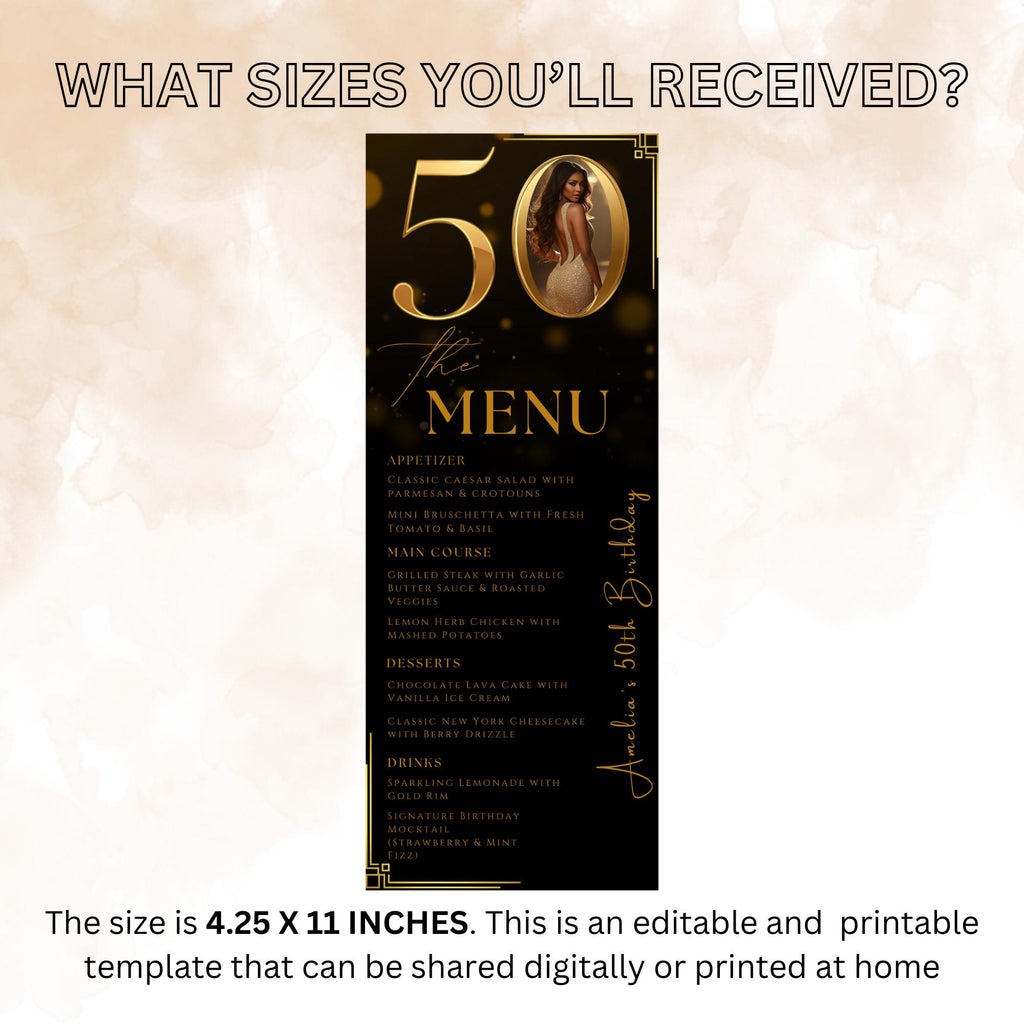 Editable 50th Birthday Dinner Menu card, Black Golden Anniversary Menu, Elegant Party Menu with photo, Printable Men and Woman Menu Template