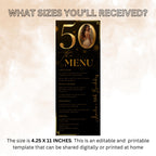 Editable 50th Birthday Dinner Menu card, Black Golden Anniversary Menu, Elegant Party Menu with photo, Printable Men and Woman Menu Template