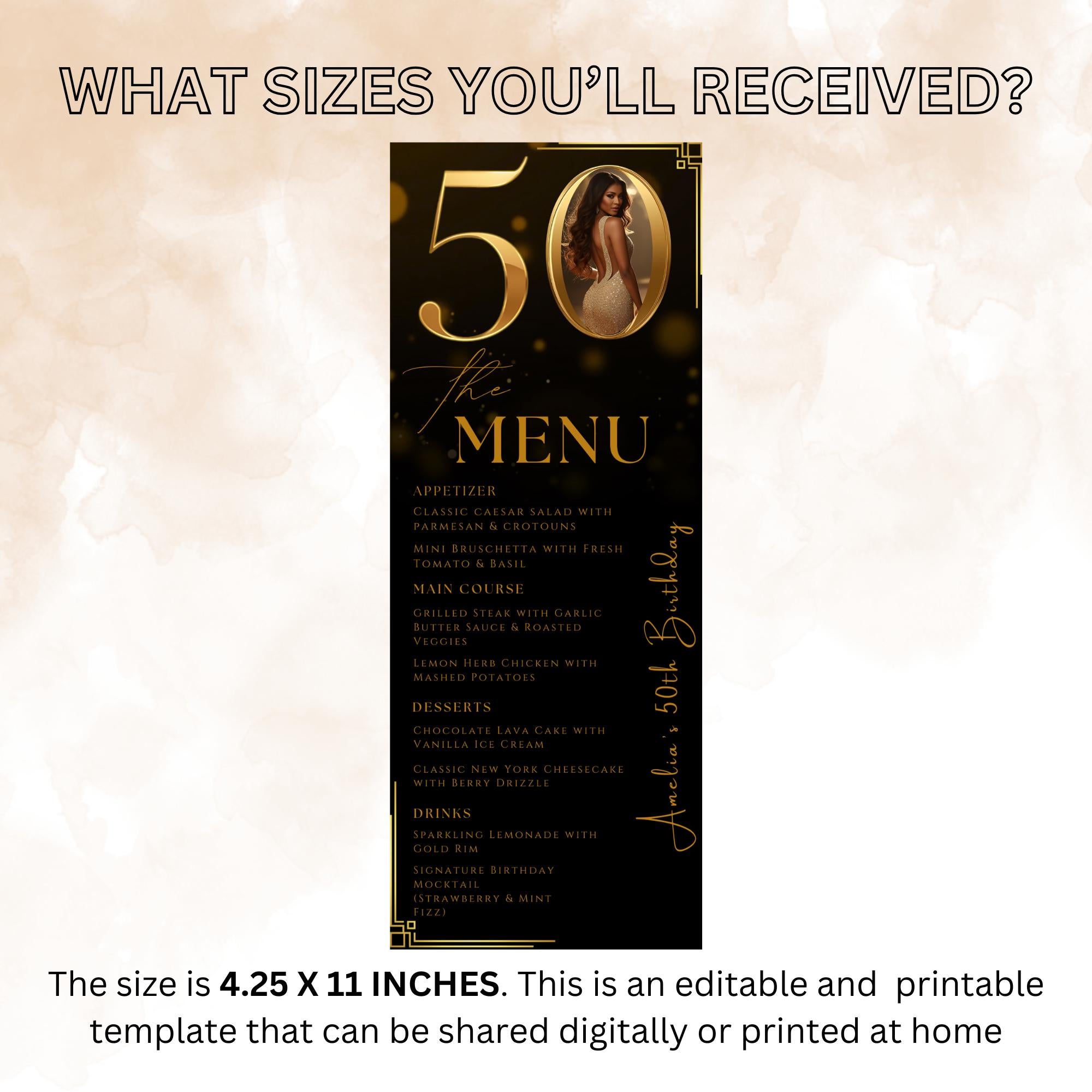 Editable 50th Birthday Dinner Menu card, Black Golden Anniversary Menu, Elegant Party Menu with photo, Printable Men and Woman Menu Template
