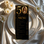 Editable 50th Birthday Dinner Menu card, Black Golden Anniversary Menu, Elegant Party Menu with photo, Printable Men and Woman Menu Template