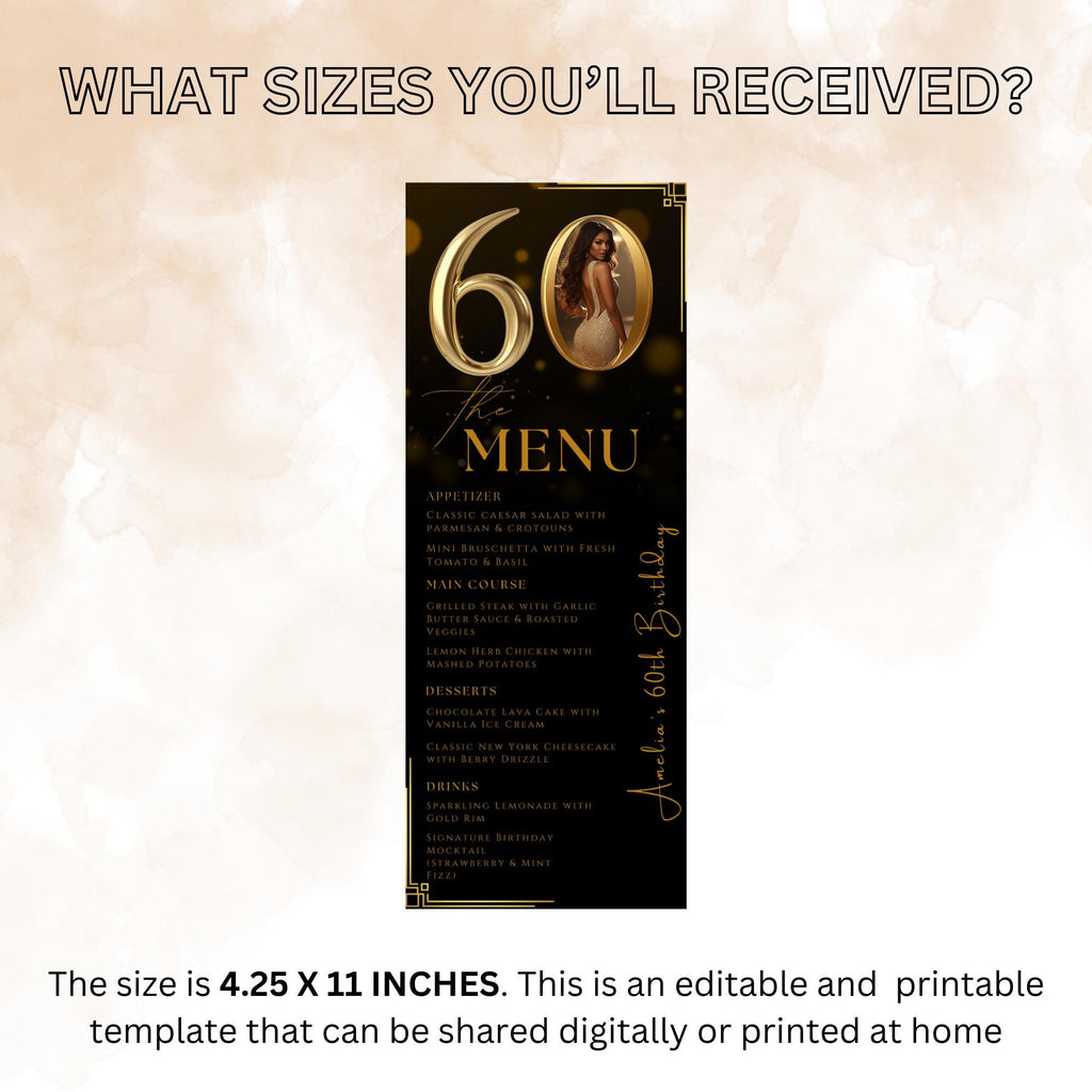 Editable 60th Birthday Party Menu card, Black Gold Anniversary Menu, Elegant Dinner Menu with photo, Printable Men and Woman Menu Template