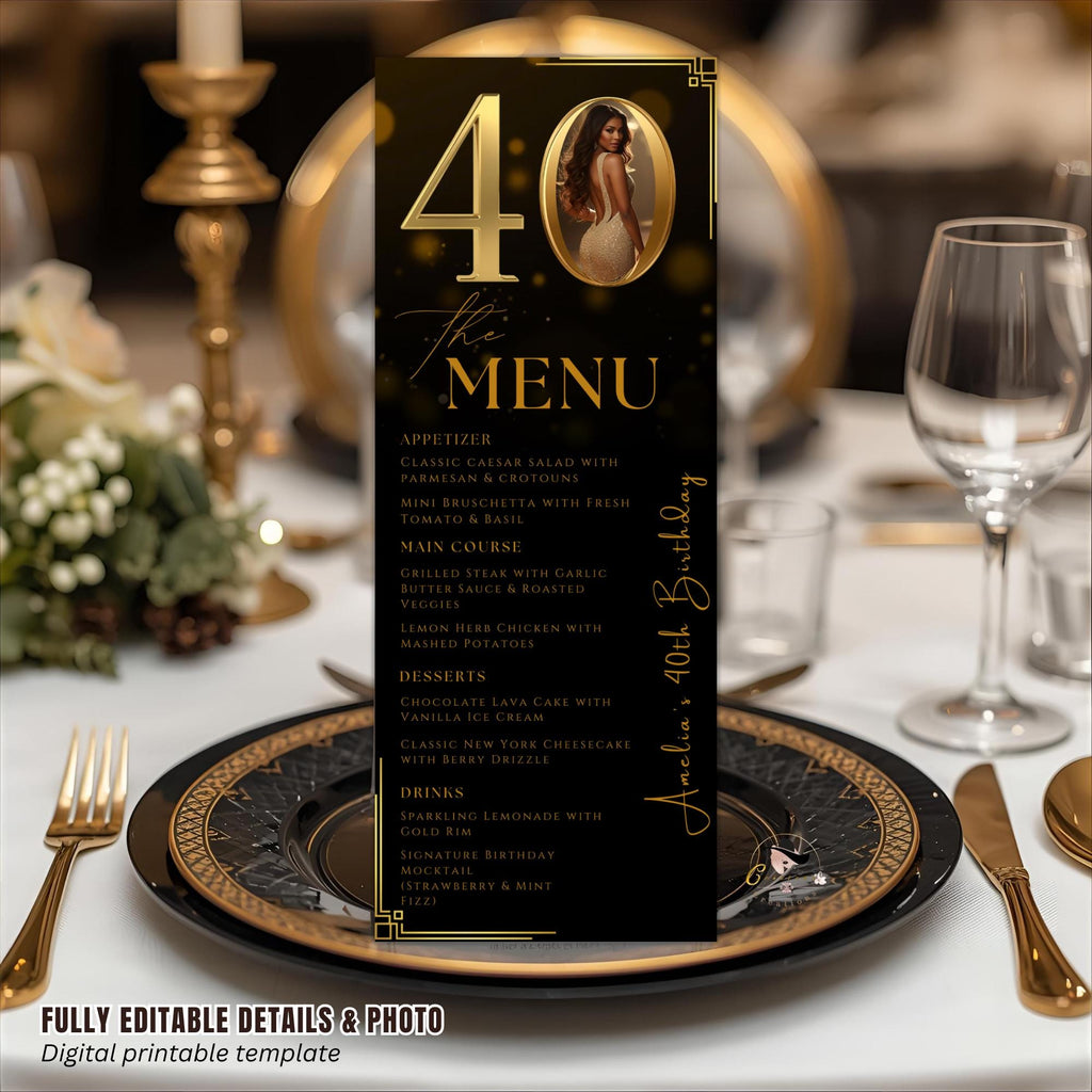 Editable 40th Birthday Party Menu card, Black Gold Dinner Menu with photo, Elegant Anniversary Menu, Printable Men and Woman Menu Template