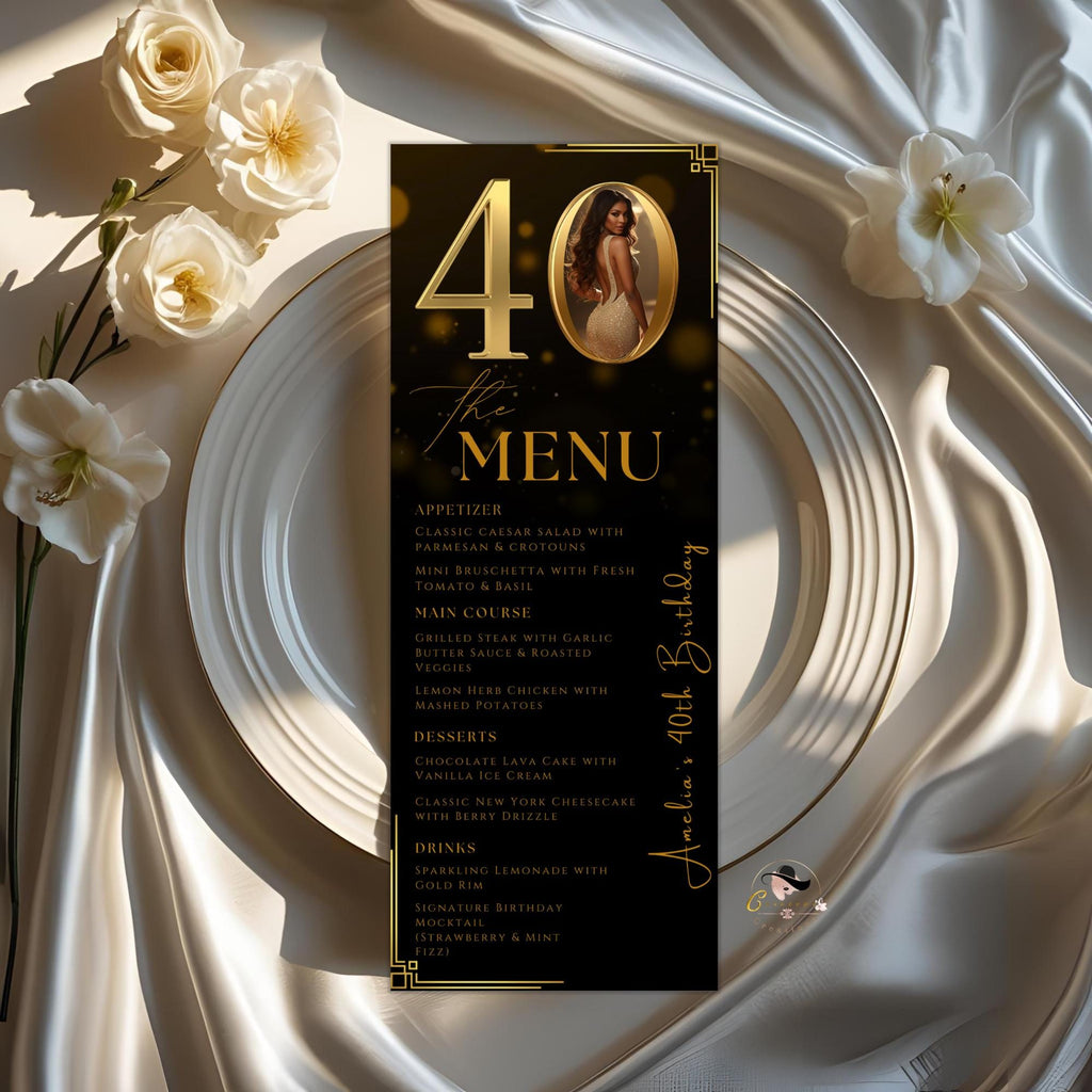 Editable 40th Birthday Party Menu card, Black Gold Dinner Menu with photo, Elegant Anniversary Menu, Printable Men and Woman Menu Template