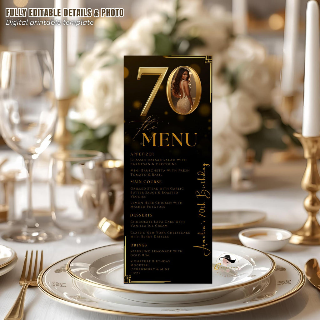 70th Birthday Party Menu card, Black Gold Elegant Dinner Menu with photo, Editable Seventieth Menu, Printable Men and Woman Menu Template