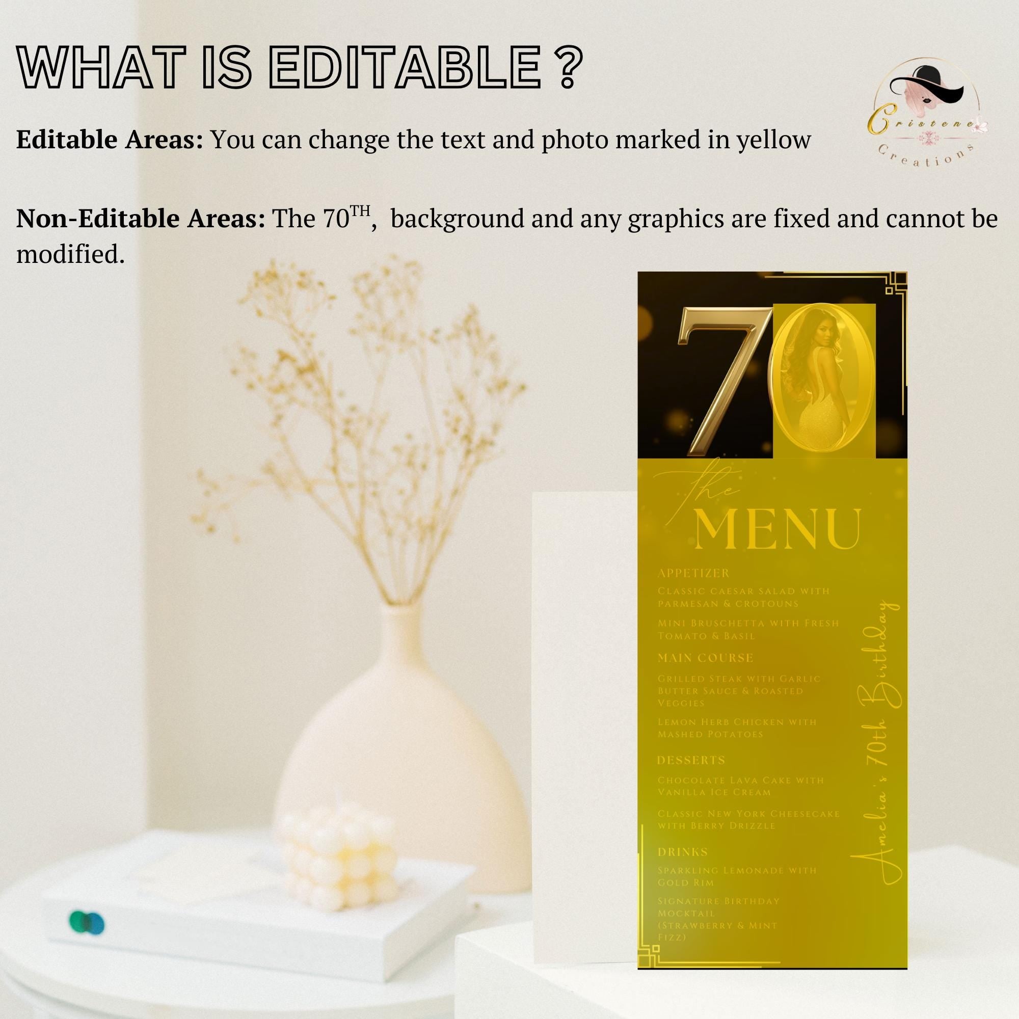 70th Birthday Party Menu card, Black Gold Elegant Dinner Menu with photo, Editable Seventieth Menu, Printable Men and Woman Menu Template