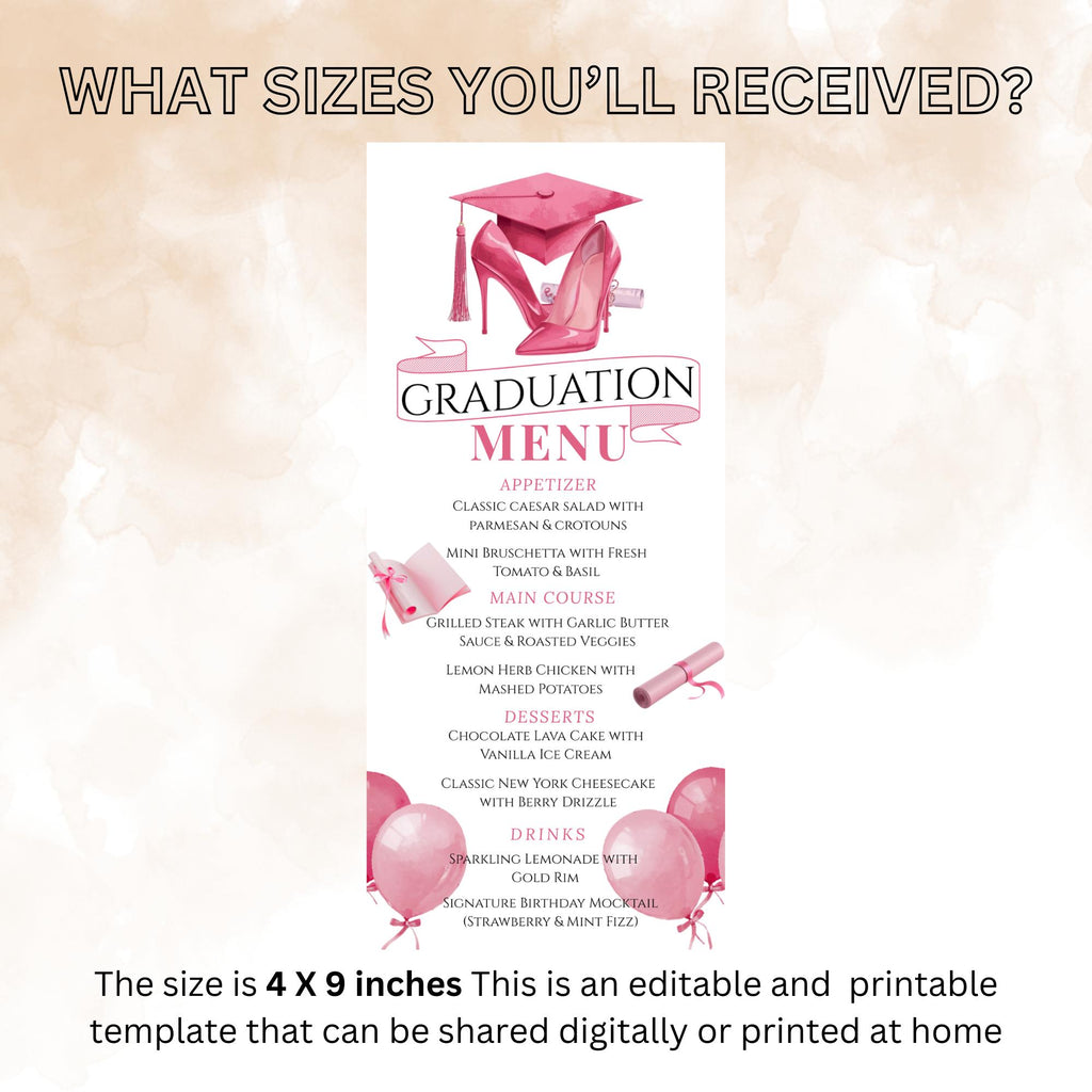 Pink Graduation Party Menu Card, Class of 2026 Dinner Menu, Senior Grad Elegant Menu , Nurse Graduation Brunch Menu Printable Template