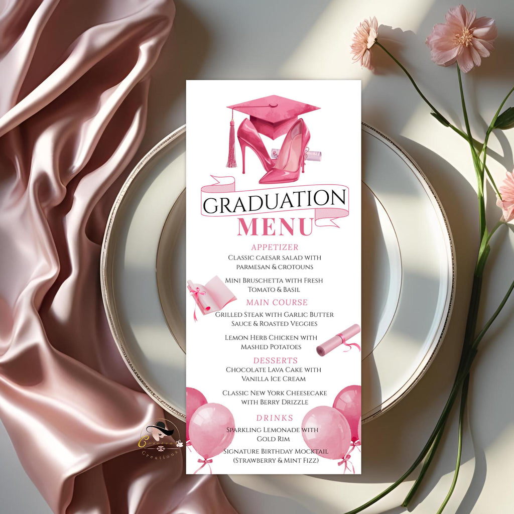 Pink Graduation Party Menu Card, Class of 2026 Dinner Menu, Senior Grad Elegant Menu , Nurse Graduation Brunch Menu Printable Template
