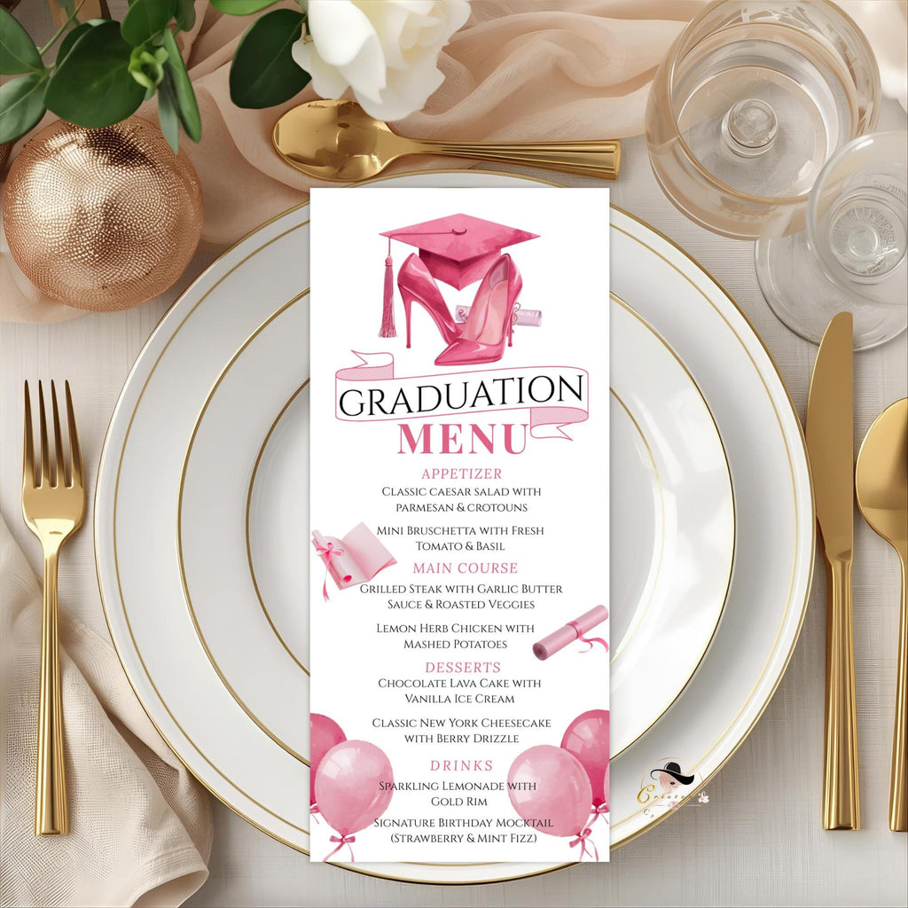Pink Graduation Party Menu Card, Class of 2026 Dinner Menu, Senior Grad Elegant Menu , Nurse Graduation Brunch Menu Printable Template