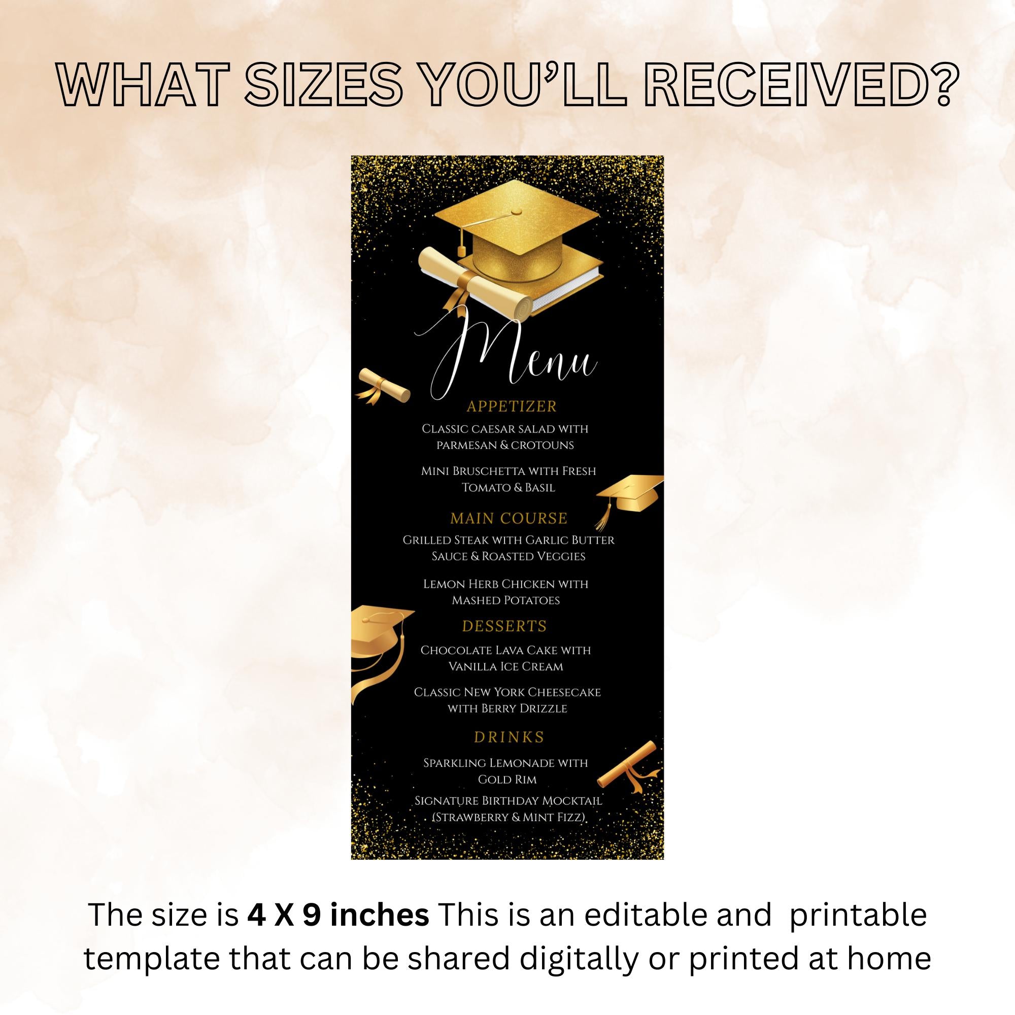Black Gold Graduation Dinner Menu, Senior Grad Party Menu, Commencement Menu, Class 2026 College Graduation Brunch Menu Printable Template