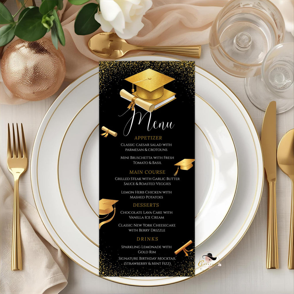 Black Gold Graduation Dinner Menu, Senior Grad Party Menu, Commencement Menu, Class 2026 College Graduation Brunch Menu Printable Template