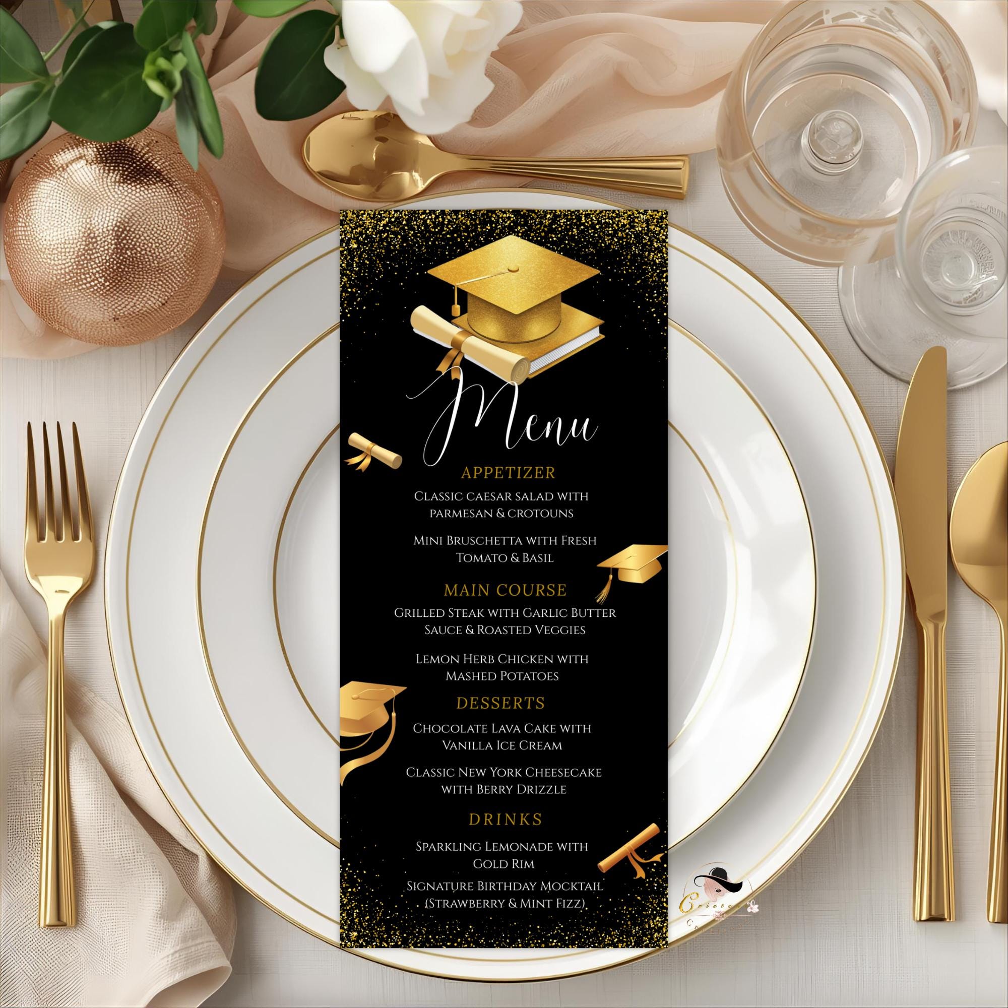 Black Gold Graduation Dinner Menu, Senior Grad Party Menu, Commencement Menu, Class 2026 College Graduation Brunch Menu Printable Template