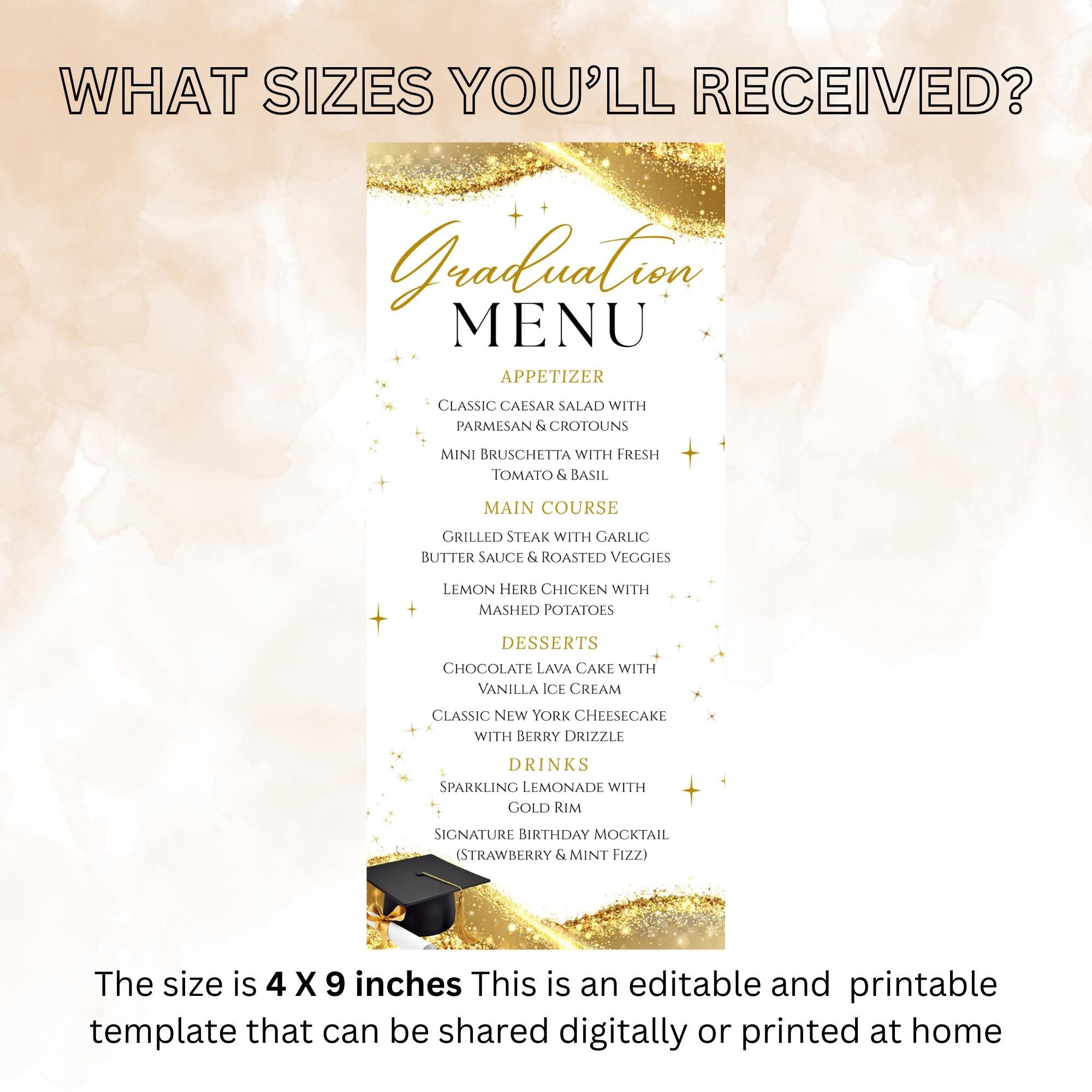 White Gold Graduation Party Menu, Senior Grad Dinner Menu, Commencement Menu, Class 2026 College Graduation Brunch Menu Printable Template