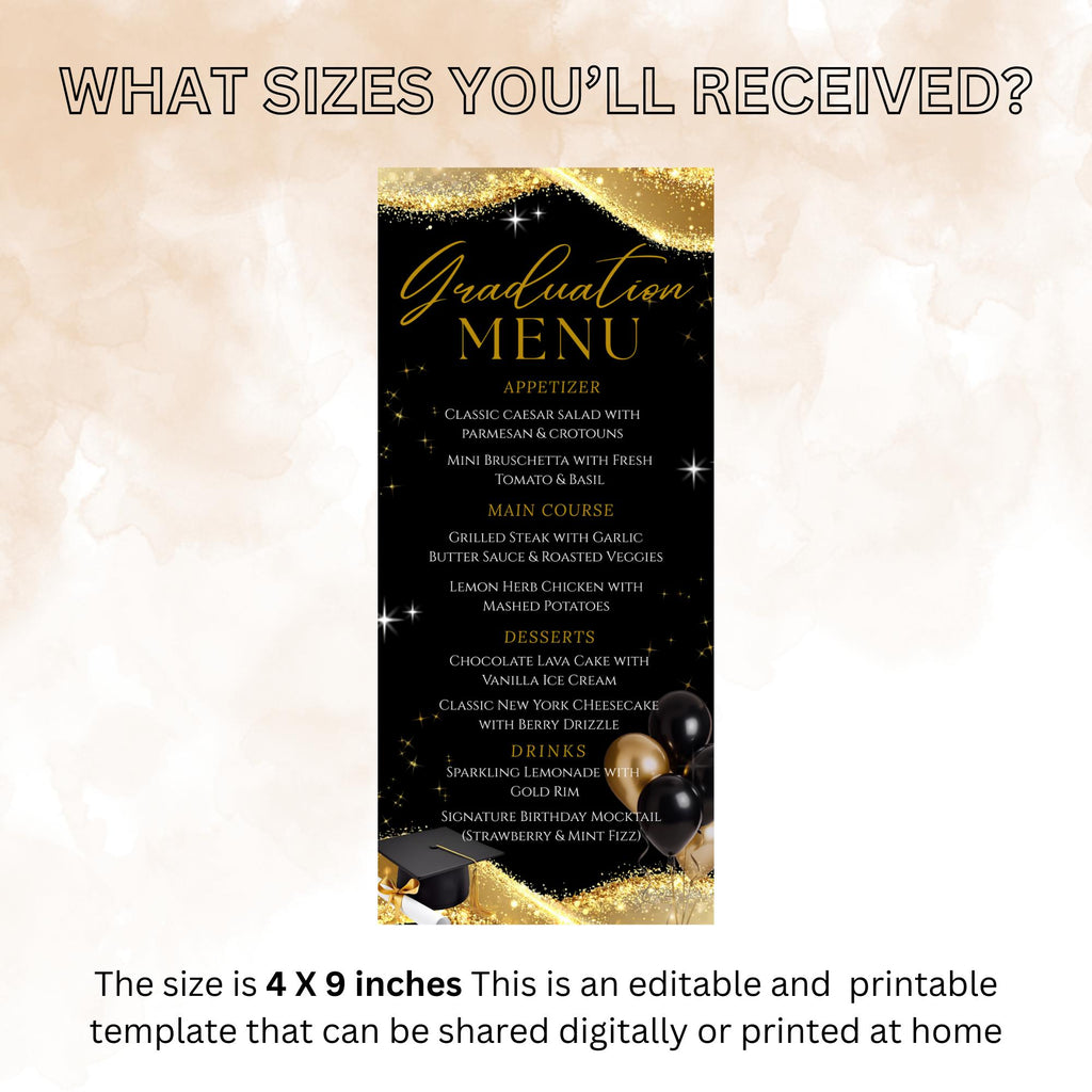 Black Gold Graduation Dinner Menu, Senior Grad Party Menu, Commencement Menu, Class of 2026 College Elegant Brunch Menu Printable Template