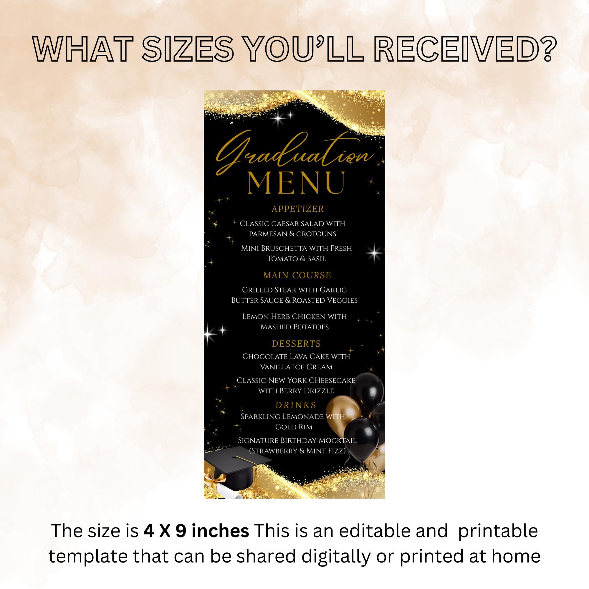 Black Gold Graduation Dinner Menu, Senior Grad Party Menu, Commencement Menu, Class of 2026 College Elegant Brunch Menu Printable Template