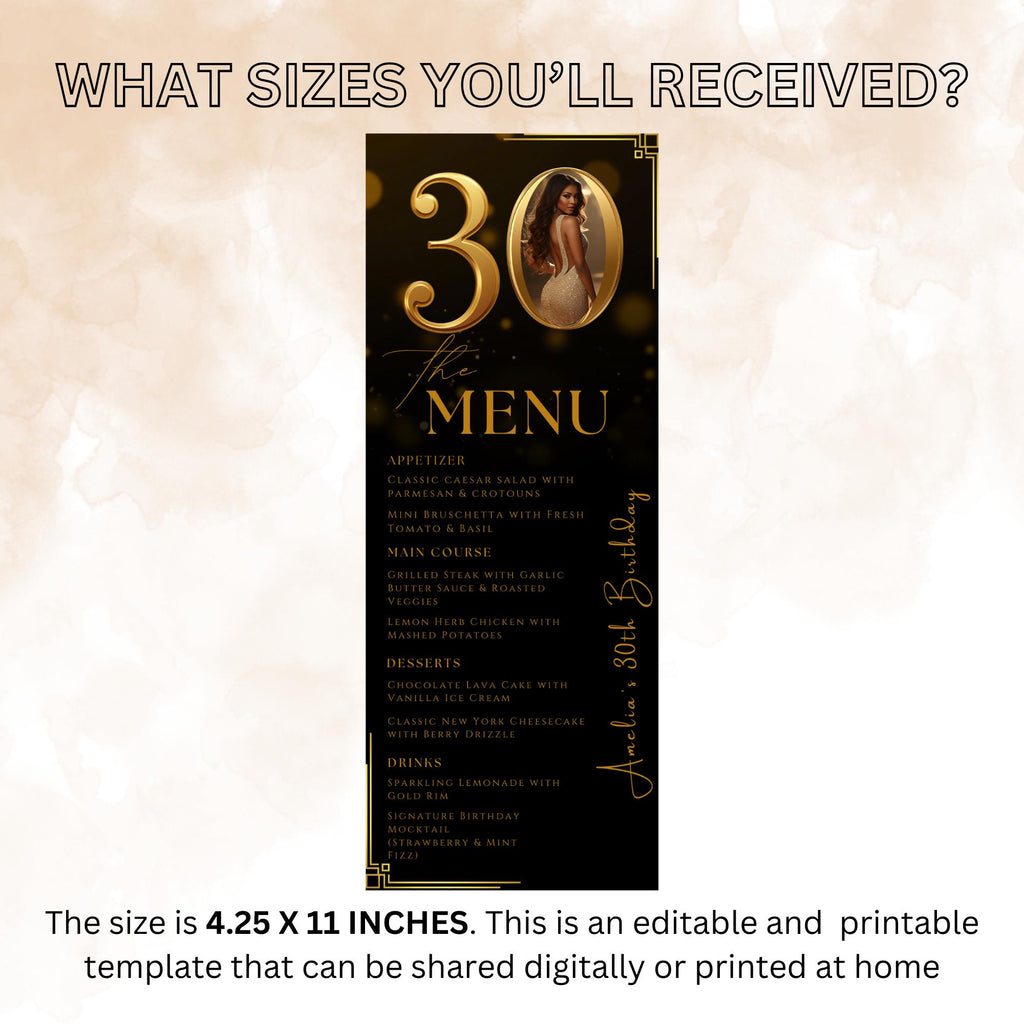 Editable 30th Birthday Dinner Menu Card, Black Gold Party Menu with photo, Elegant Anniversary Menu, Printable Men and Woman Menu Template