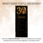 Editable 30th Birthday Dinner Menu Card, Black Gold Party Menu with photo, Elegant Anniversary Menu, Printable Men and Woman Menu Template