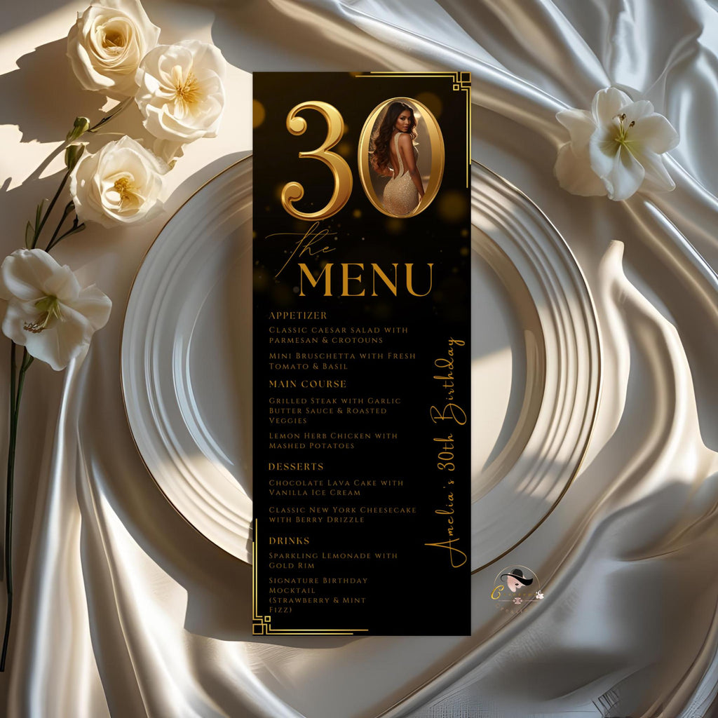 Editable 30th Birthday Dinner Menu Card, Black Gold Party Menu with photo, Elegant Anniversary Menu, Printable Men and Woman Menu Template