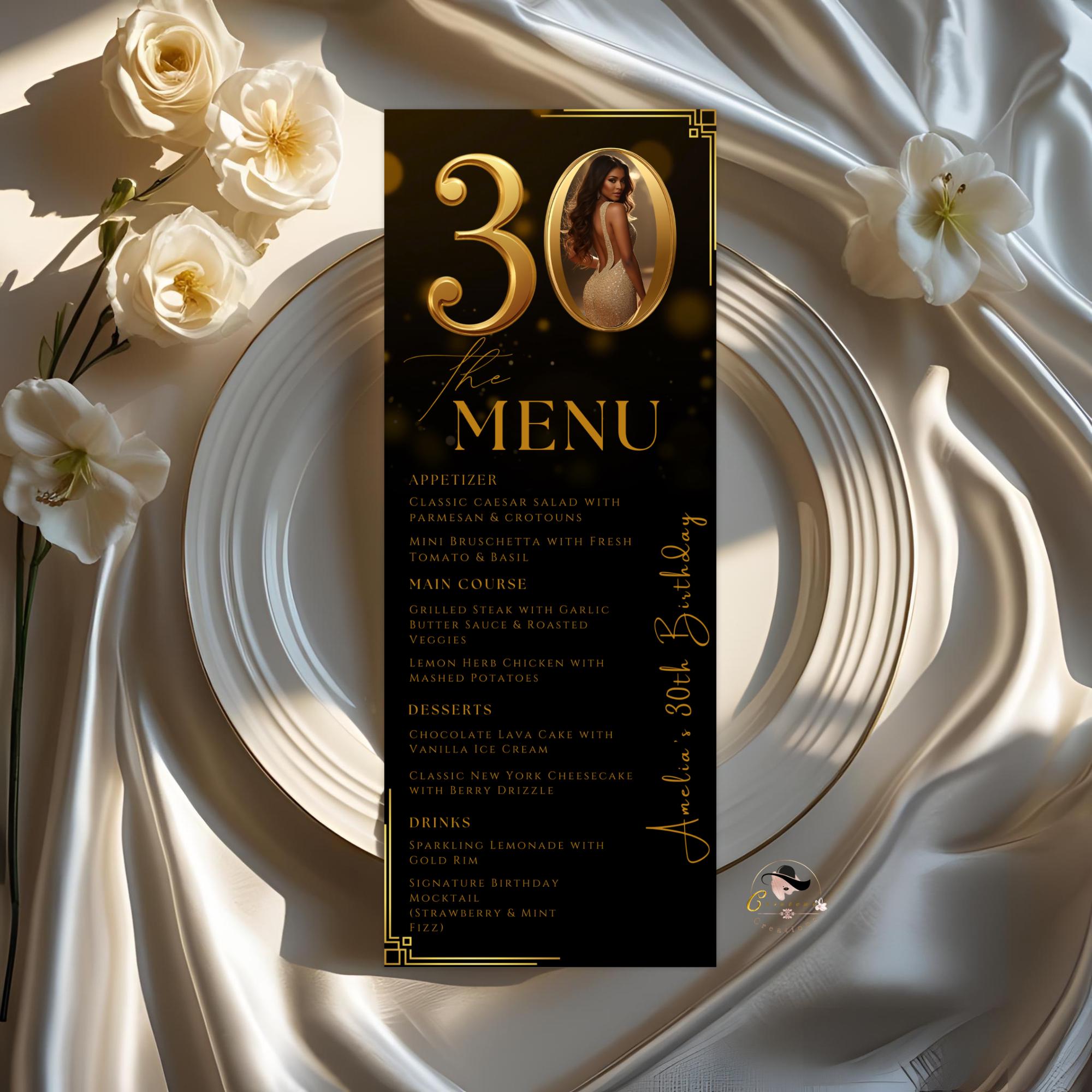 Editable 30th Birthday Dinner Menu Card, Black Gold Party Menu with photo, Elegant Anniversary Menu, Printable Men and Woman Menu Template