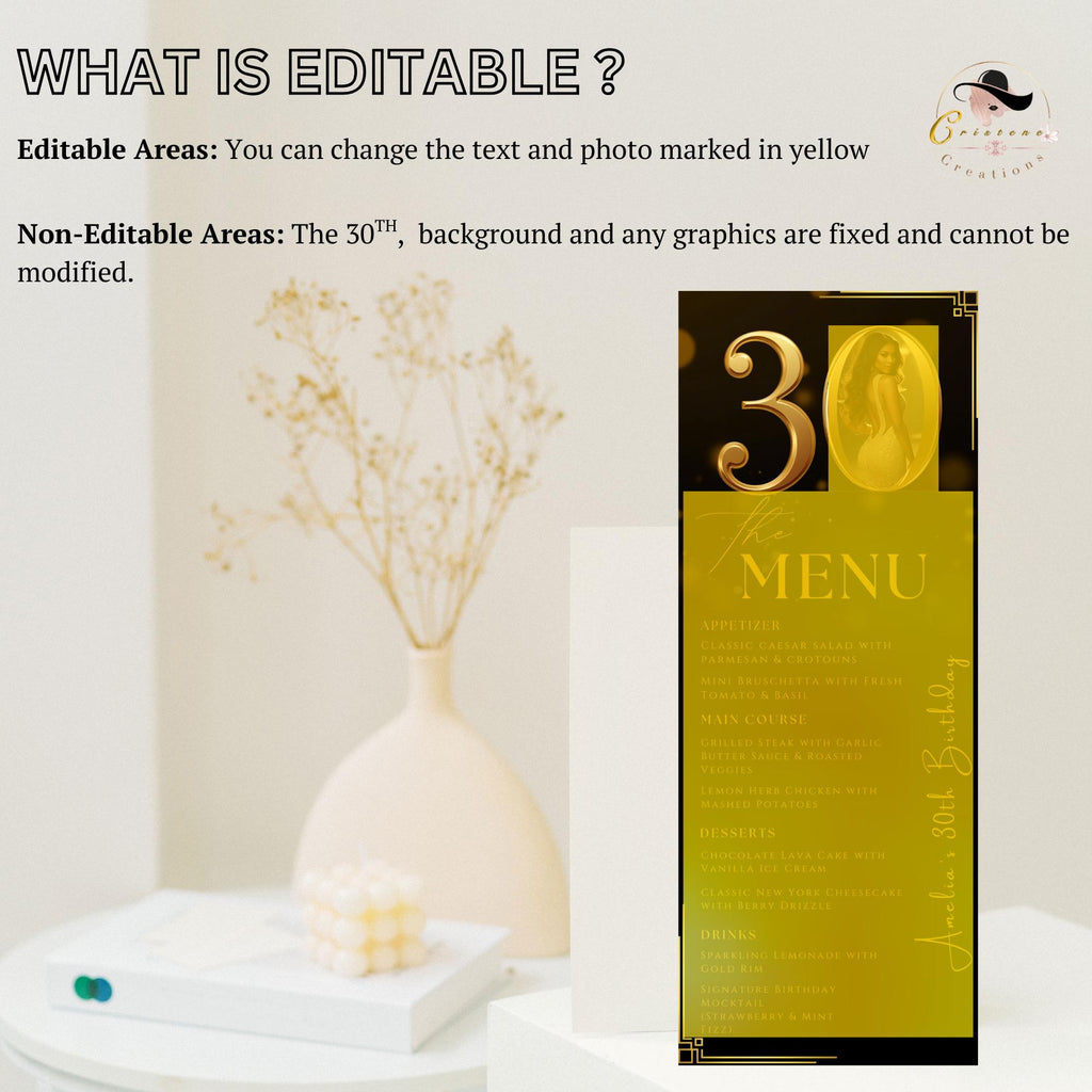 Editable 30th Birthday Dinner Menu Card, Black Gold Party Menu with photo, Elegant Anniversary Menu, Printable Men and Woman Menu Template
