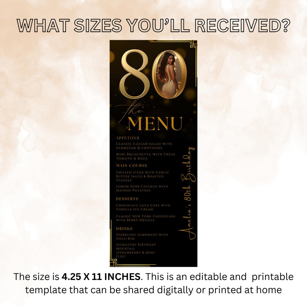 80th Birthday Party Menu card, Black Gold Elegant Dinner Menu with photo, Editable Eightieth Menu, Printable Men and Woman Menu Template