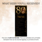 80th Birthday Party Menu card, Black Gold Elegant Dinner Menu with photo, Editable Eightieth Menu, Printable Men and Woman Menu Template