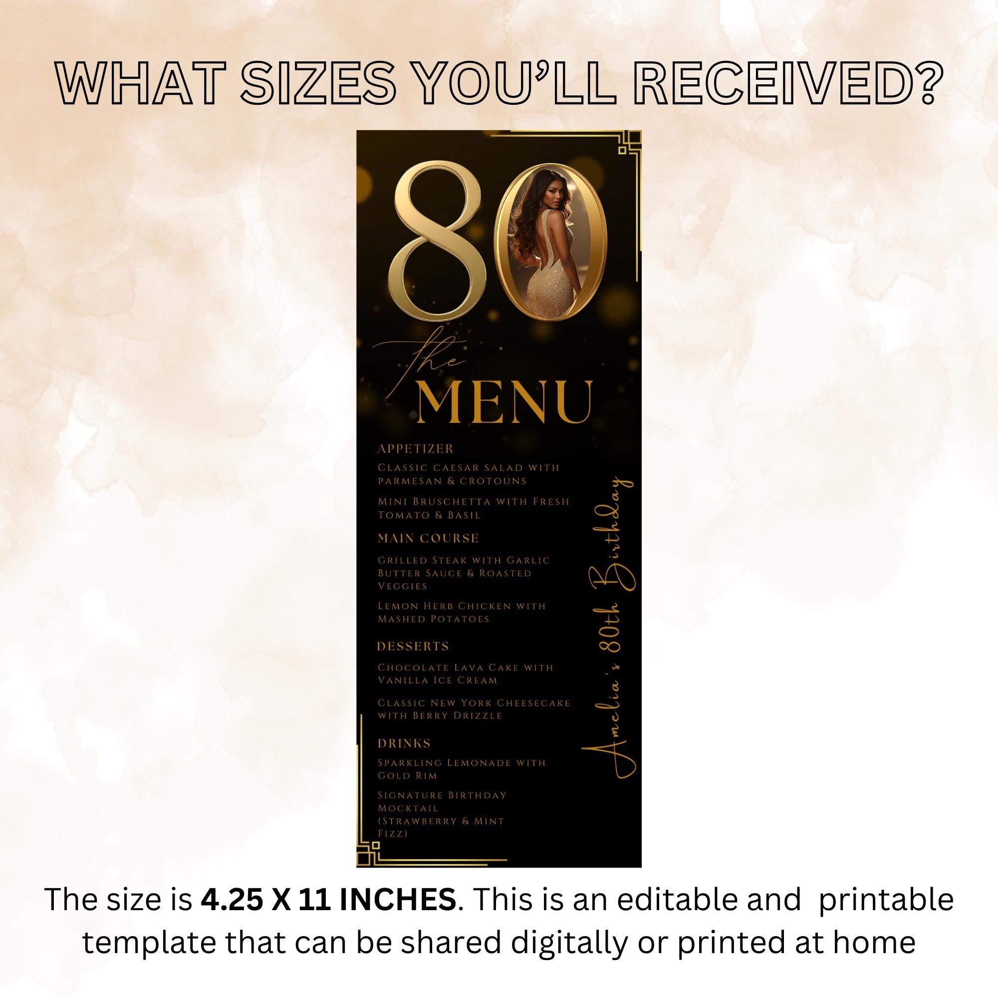 80th Birthday Party Menu card, Black Gold Elegant Dinner Menu with photo, Editable Eightieth Menu, Printable Men and Woman Menu Template