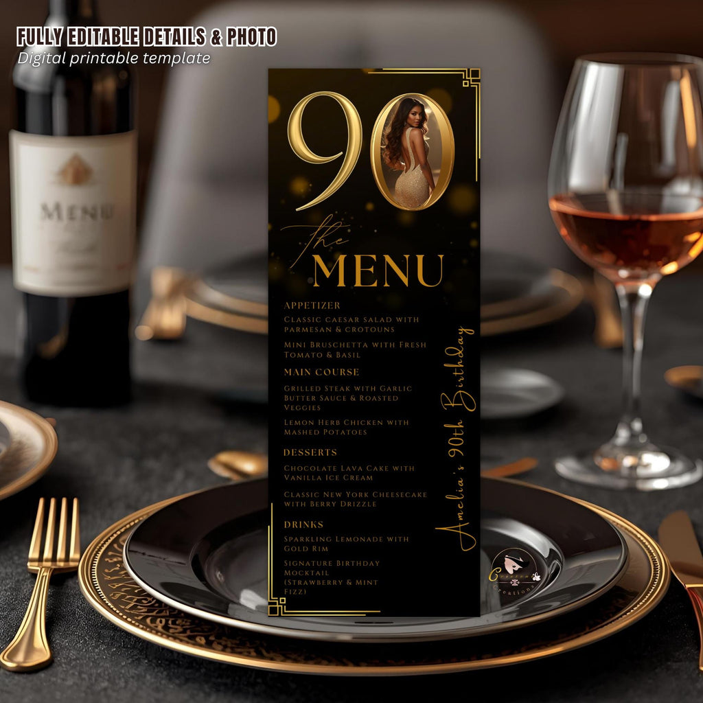 90th Birthday Party Menu card, Black Gold Elegant Dinner Menu with photo, Editable Ninetieth Menu, Printable Men and Woman Menu Template