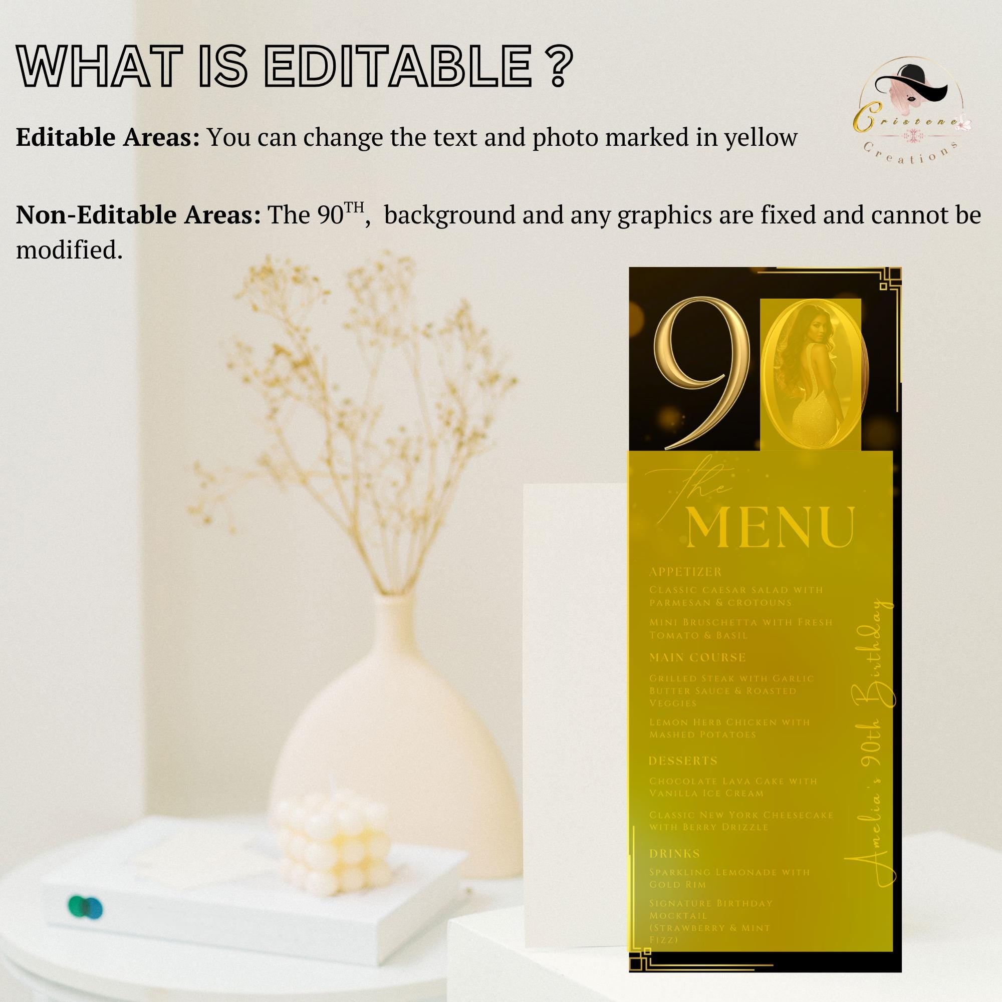 90th Birthday Party Menu card, Black Gold Elegant Dinner Menu with photo, Editable Ninetieth Menu, Printable Men and Woman Menu Template