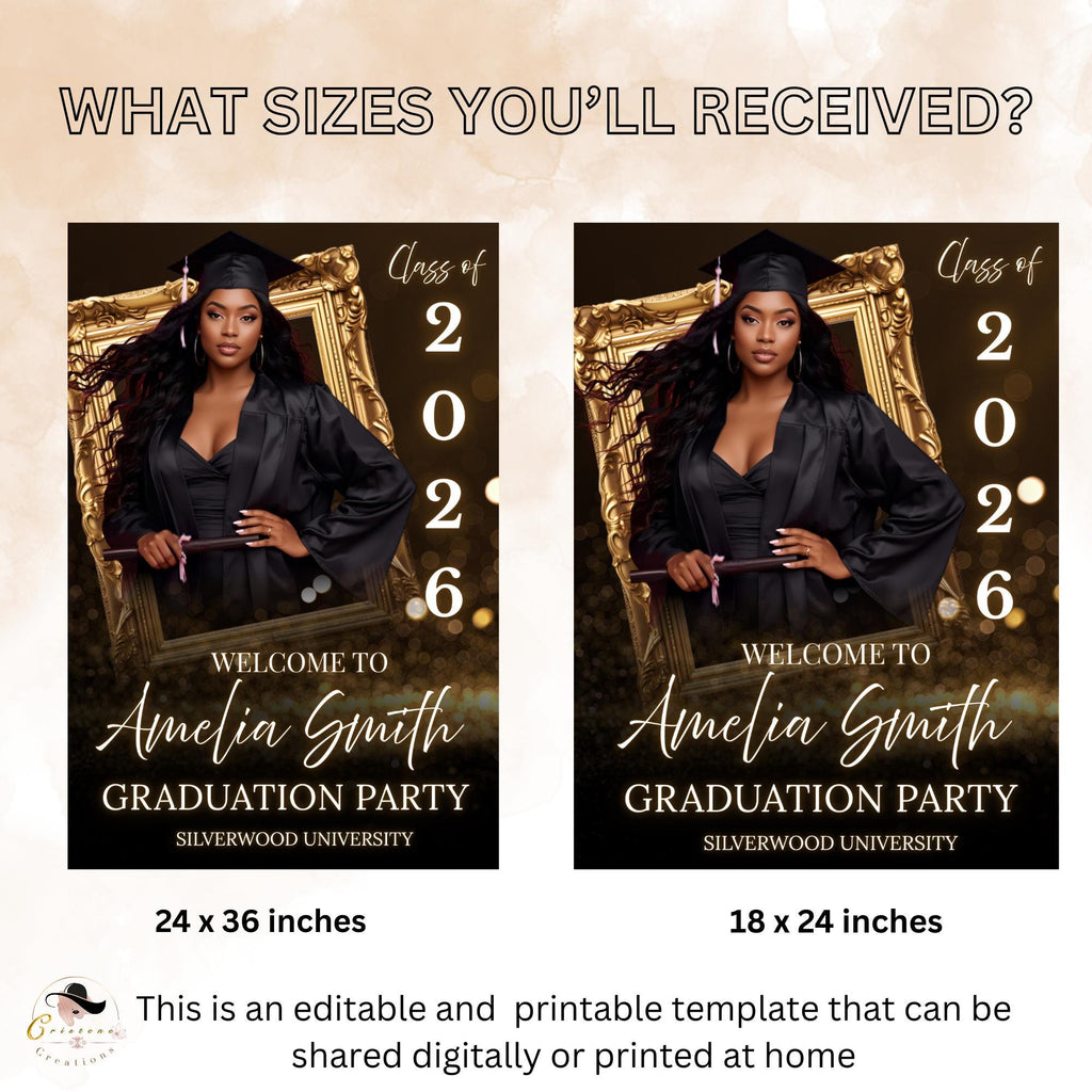 Graduation Welcome Party Sign Black Gold, Woman Graduates Poster Sign with photo, 2026 Men College Commencement Announcement Entry Template