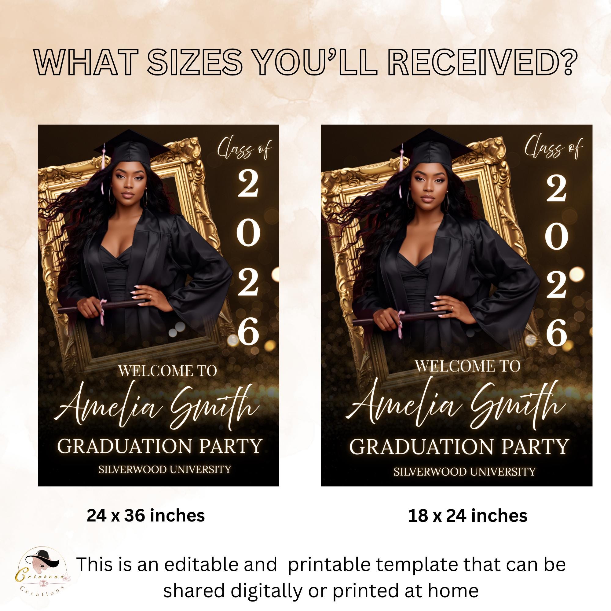 Graduation Welcome Party Sign Black Gold, Woman Graduates Poster Sign with photo, 2026 Men College Commencement Announcement Entry Template