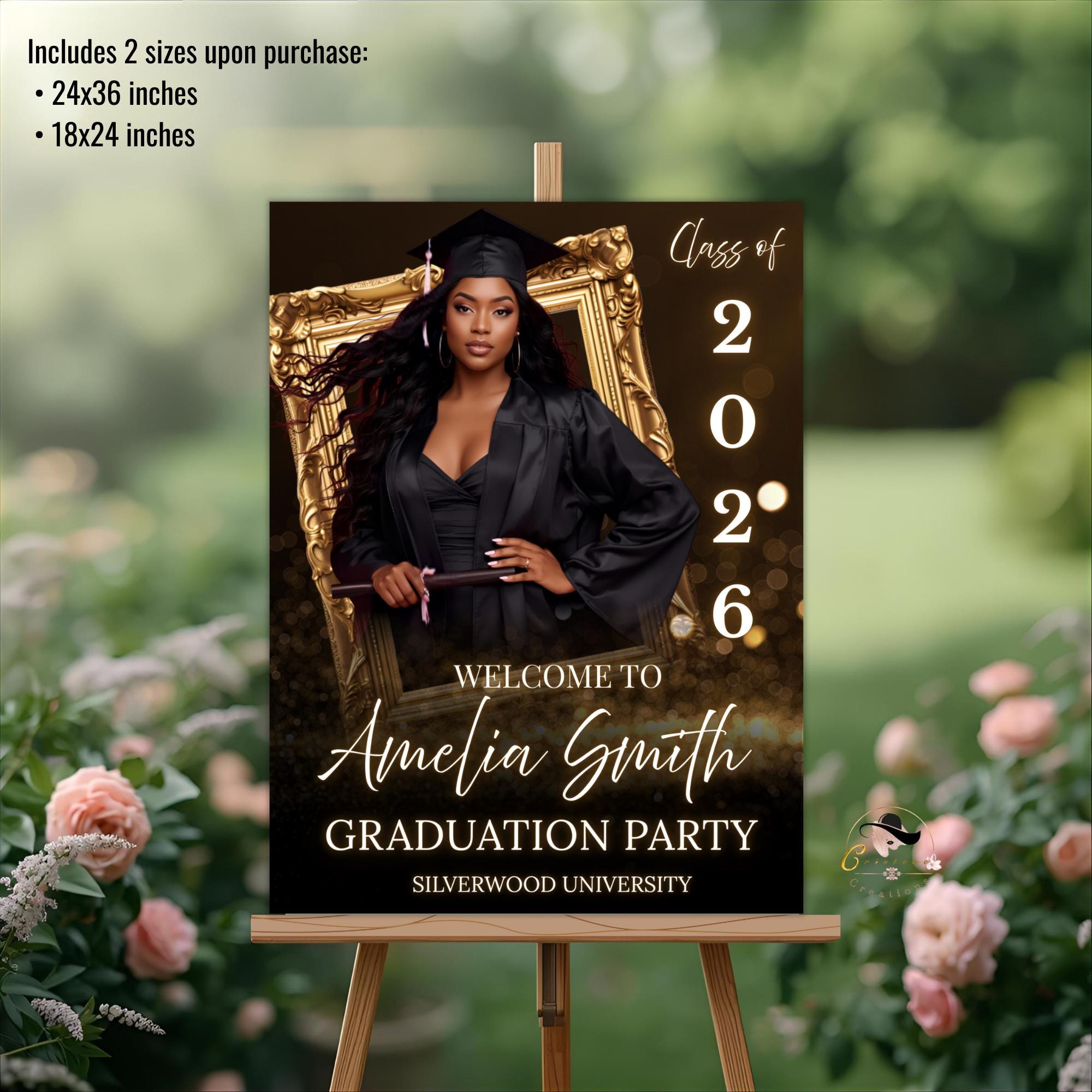 Graduation Welcome Party Sign Black Gold, Woman Graduates Poster Sign with photo, 2026 Men College Commencement Announcement Entry Template