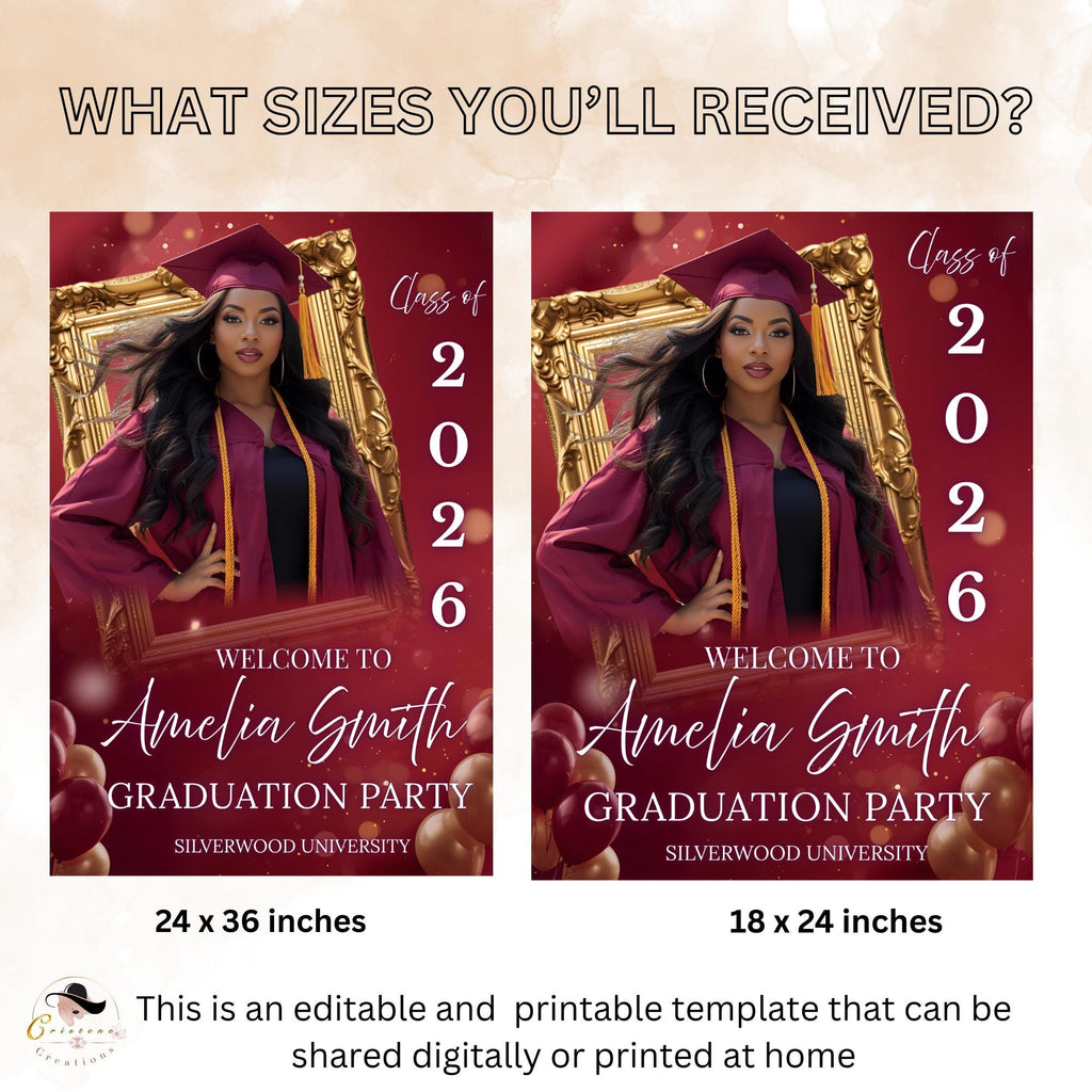 Maroon Graduation Welcome Party Sign, Woman Senior Graduate Poster Sign with photo Men College Commencement Announcement Entry Sign Template