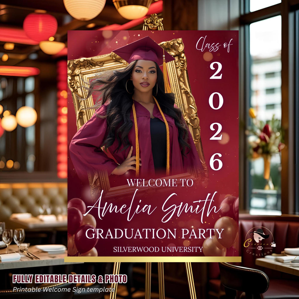 Maroon Graduation Welcome Party Sign, Woman Senior Graduate Poster Sign with photo Men College Commencement Announcement Entry Sign Template