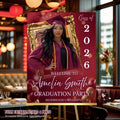 Maroon Graduation Welcome Party Sign, Woman Senior Graduate Poster Sign with photo Men College Commencement Announcement Entry Sign Template
