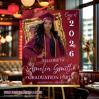 Maroon Graduation Welcome Party Sign, Woman Senior Graduate Poster Sign with photo Men College Commencement Announcement Entry Sign Template