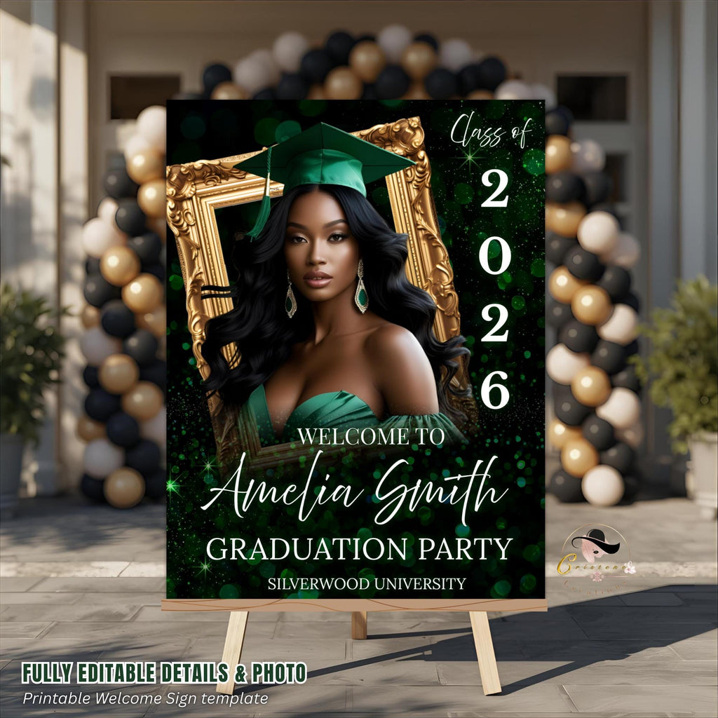 Green Graduation Welcome Party Sign, Woman Senior Graduates Poster Sign with photo Men College Commencement Announcement Entry Sign Template