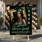 Green Graduation Welcome Party Sign, Woman Senior Graduates Poster Sign with photo Men College Commencement Announcement Entry Sign Template