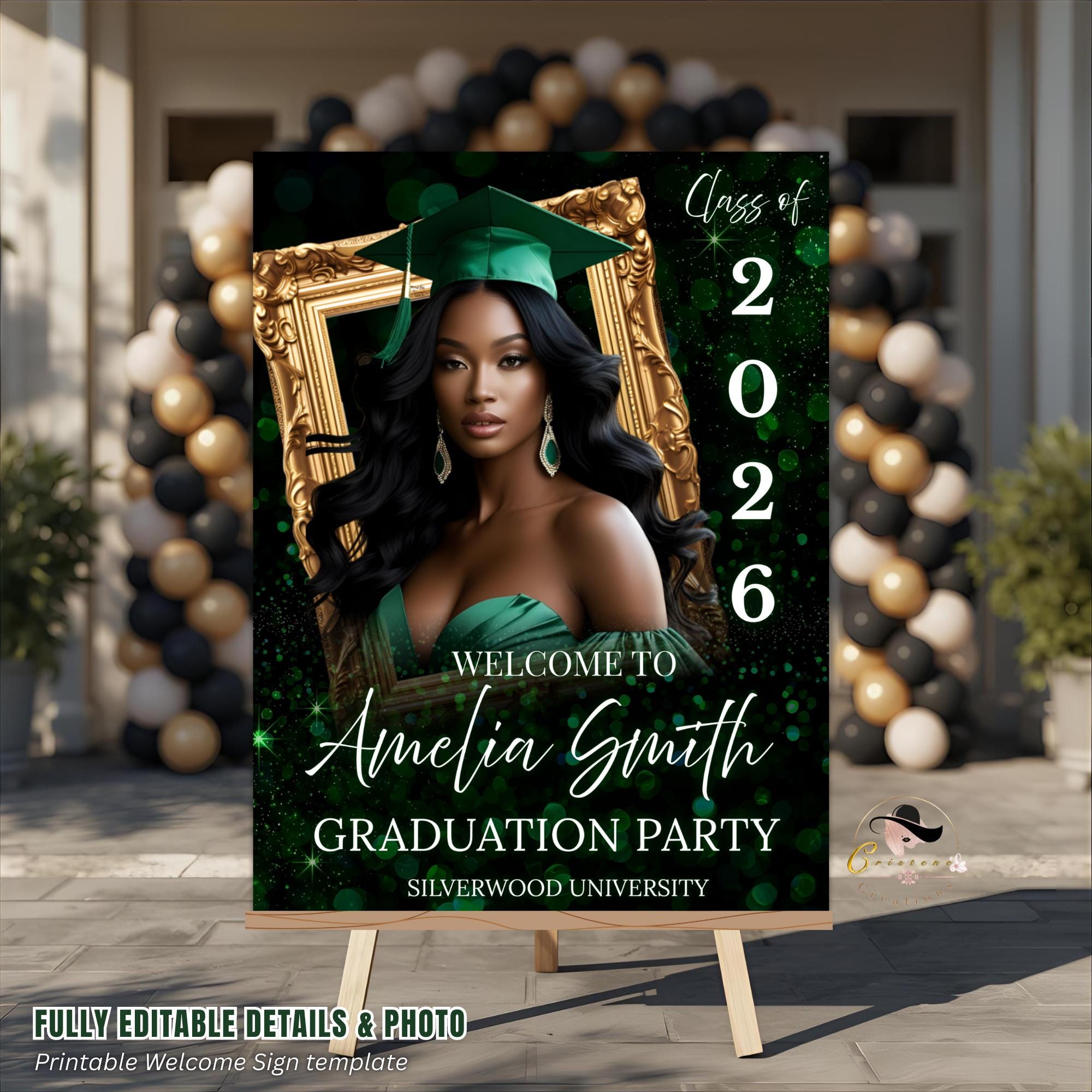 Green Graduation Welcome Party Sign, Woman Senior Graduates Poster Sign with photo Men College Commencement Announcement Entry Sign Template